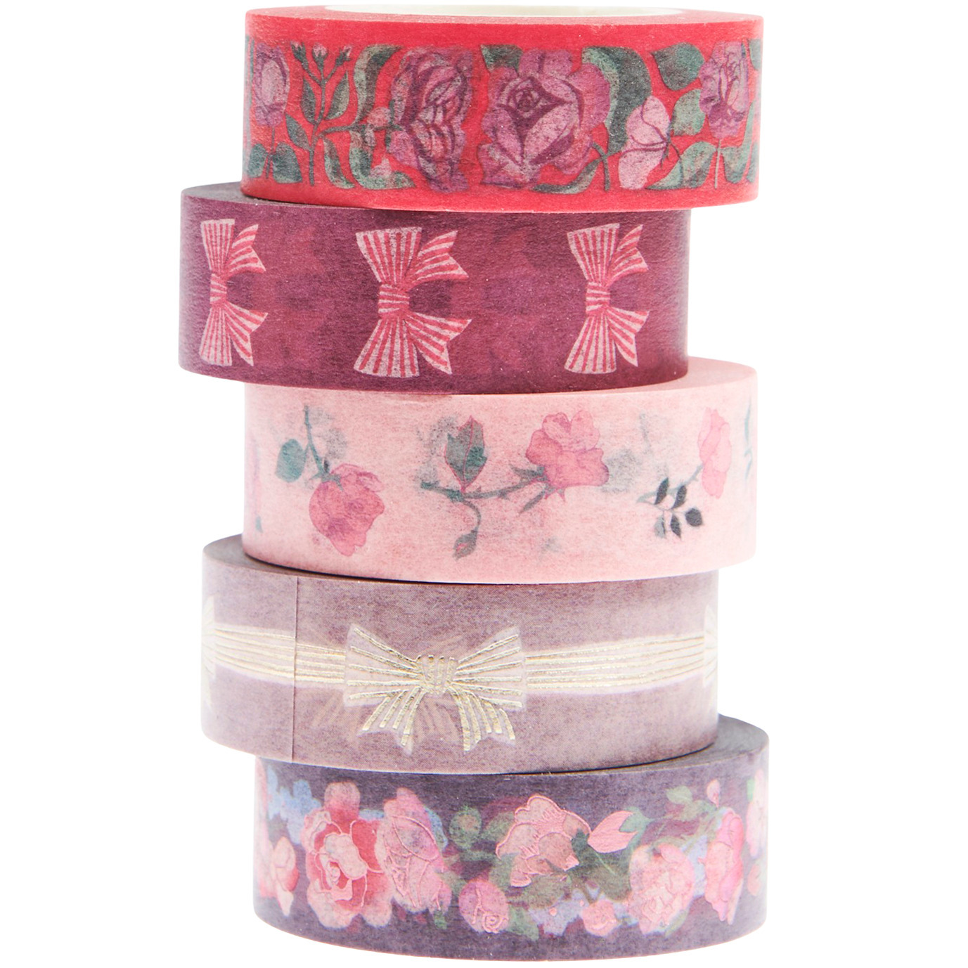 Paper Poetry Tape Set La Vie En Rose Pink/Rosa, 5-teilig, zeigt florale Muster in verschiedenen Rosatönen. Ideal für kreative Bastelprojekte.