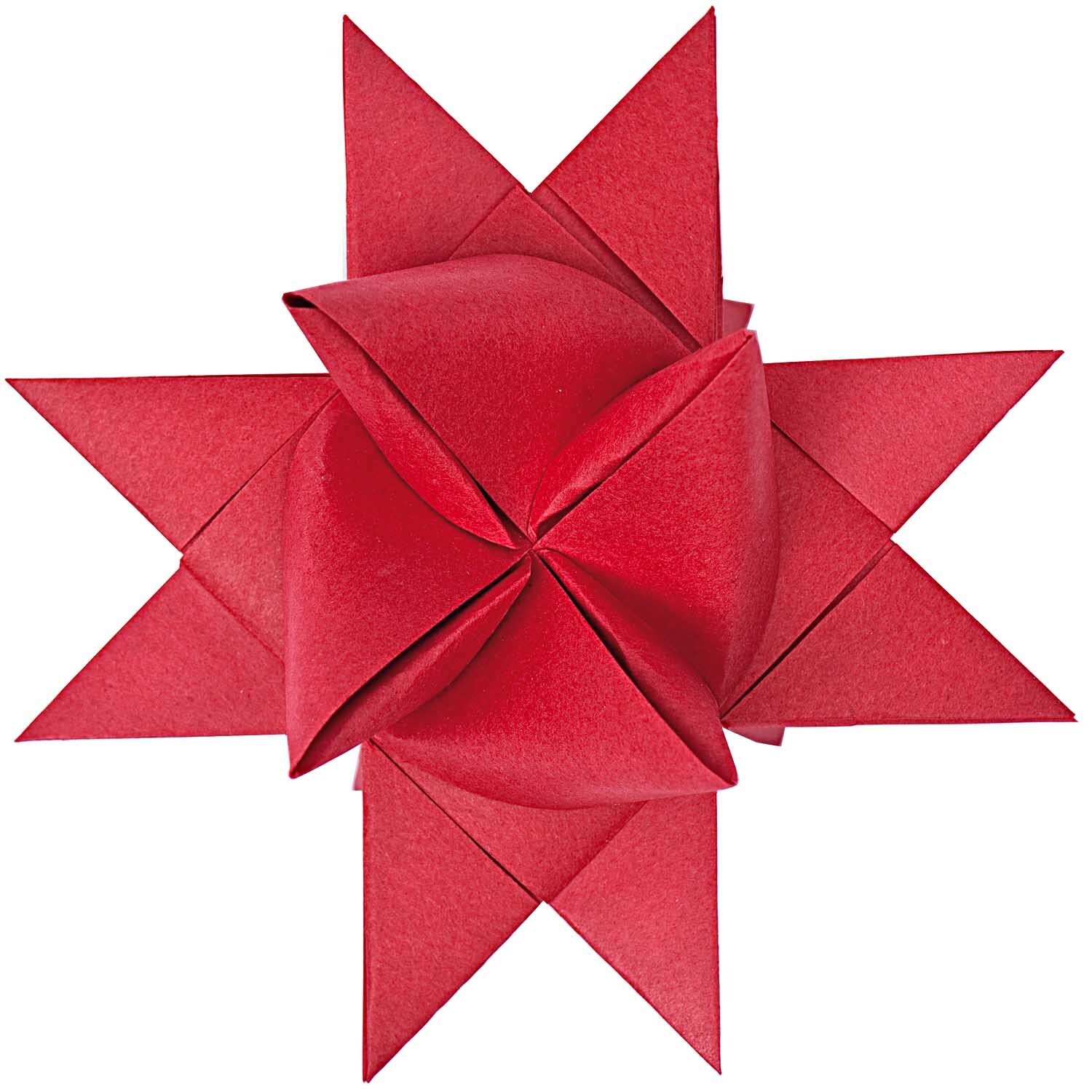 Paper Poetry Fröbelstreifen in leuchtendem Rot, kunstvoll zu einem dekorativen Stern gefaltet. Ideal für kreative Bastelprojekte. Marke: Rico Design.