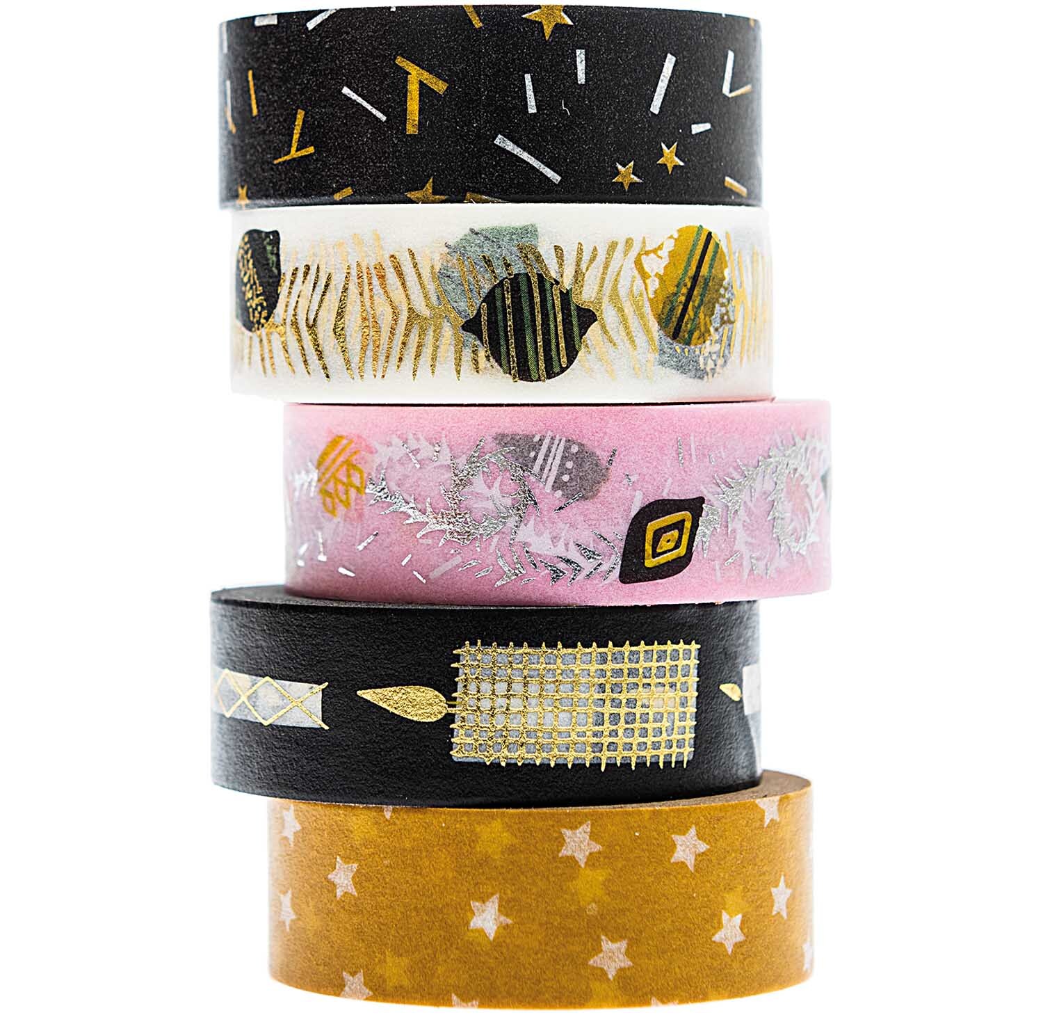 Paper Poetry Tape-Set Nostalgic Christmas zeigt fünf dekorative Klebebänder in verschiedenen Designs und Farben von Rico Design.
