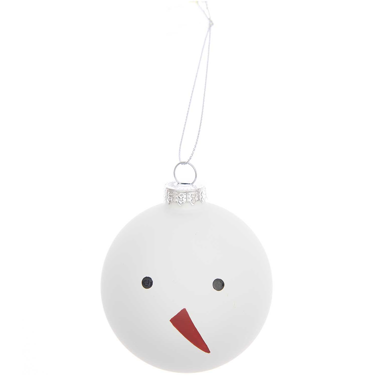Glaskugel Baumschmuck Schneemann 8cm: Weißer Schneemann-Anhänger von Rico Design mit rotem Mund und schwarzen Augen.