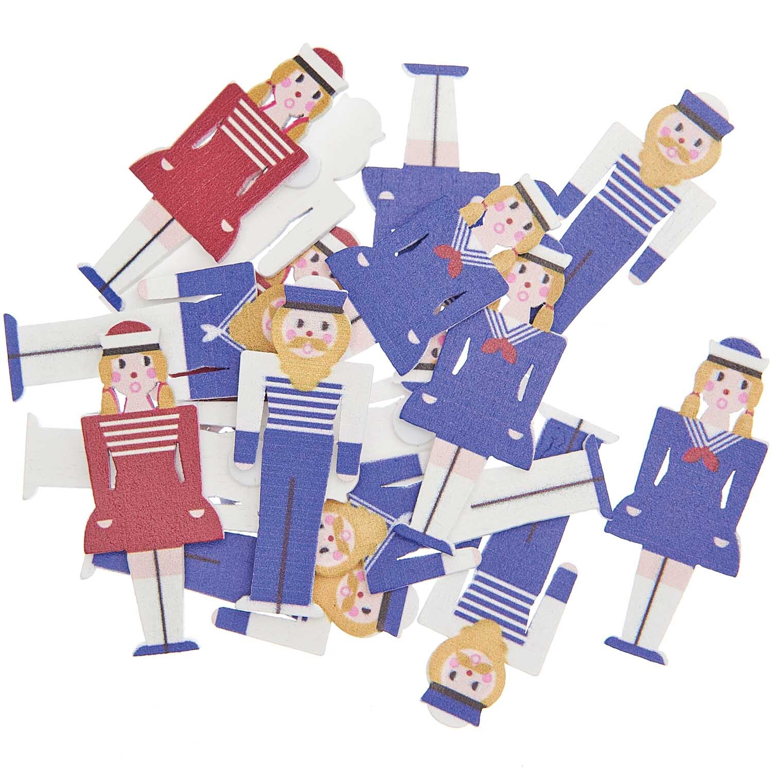 Holzsticker Seeleute zeigen bunte Figuren in blau-roten Outfits, ideal für kreative Projekte.