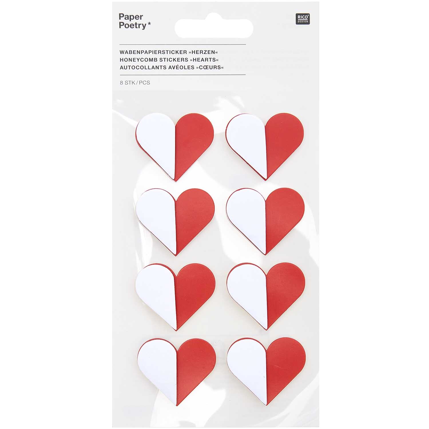 Paper Poetry Wabenpapiersticker Herzen 1 Blatt Farbe Rot von Rico Design Paper Poetry Wabenpapiersticker Herzen von Rico Design, zeigen rote und weiße Herzsticker auf einem Blatt.