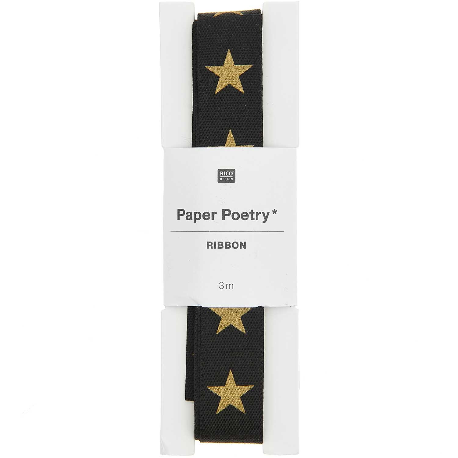 Paper Poetry Taftband Sterne 16mm 3m Farbe Schwarz Gold von Rico Design Paper Poetry Taftband mit goldenen Sternen auf schwarzem Hintergrund, 3m Länge, von Rico Design.