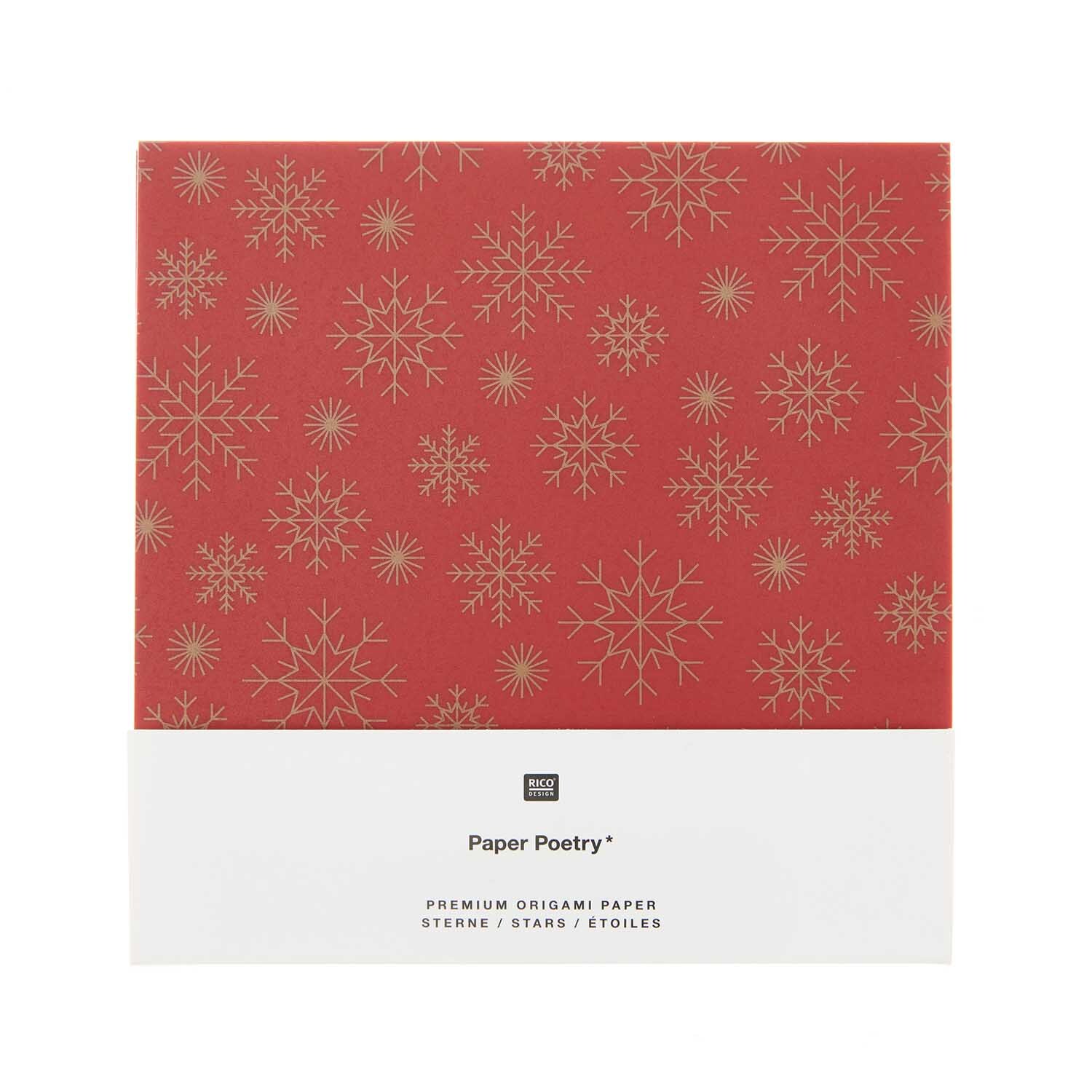 Paper Poetry Bascetta Origamipapier Schneeflocken Rot 32 Blatt Größe 15x15cm von Rico Design Paper Poetry Bascetta Origamipapier mit Schneeflockenmotiv auf rotem Hintergrund, 32 Blatt. Ideal für kreative Bastelprojekte.