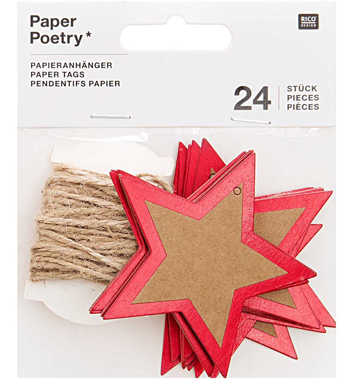 Paper Poetry Papieranhänger Stern mit Hot Foil 6,5x6,5cm 24 Stück Farbe Kraftpapier-Rot von Rico Design Paper Poetry Papieranhänger Stern, 24 Stück, aus Kraftpapier in Rot, ideal für kreative Dekorationen. Enthält Juteschnur zum Aufhängen.