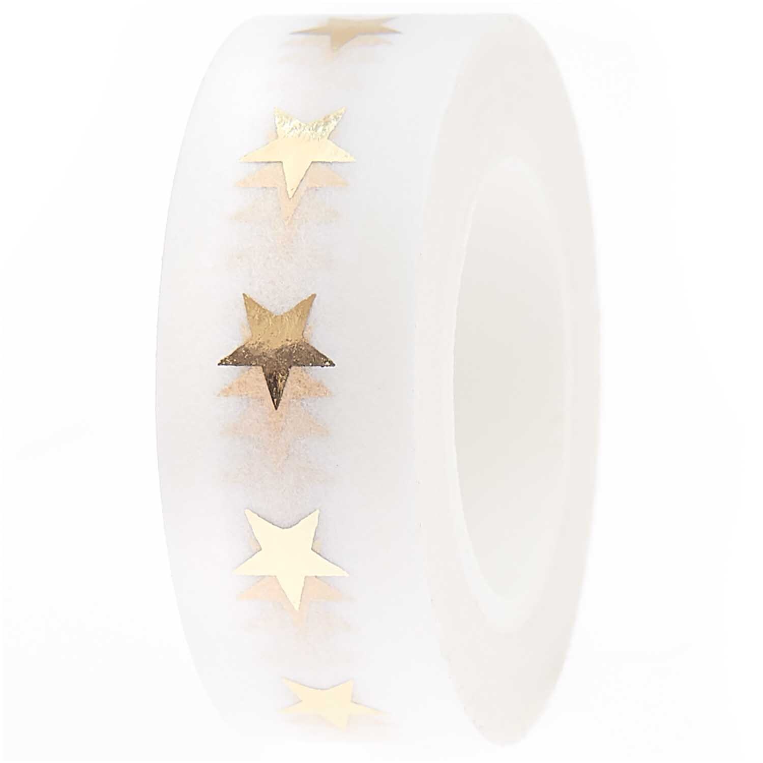 Paper Poetry Tape mit goldenen Sternen auf weißem Hintergrund, 1,5 cm breit, 10 m lang.