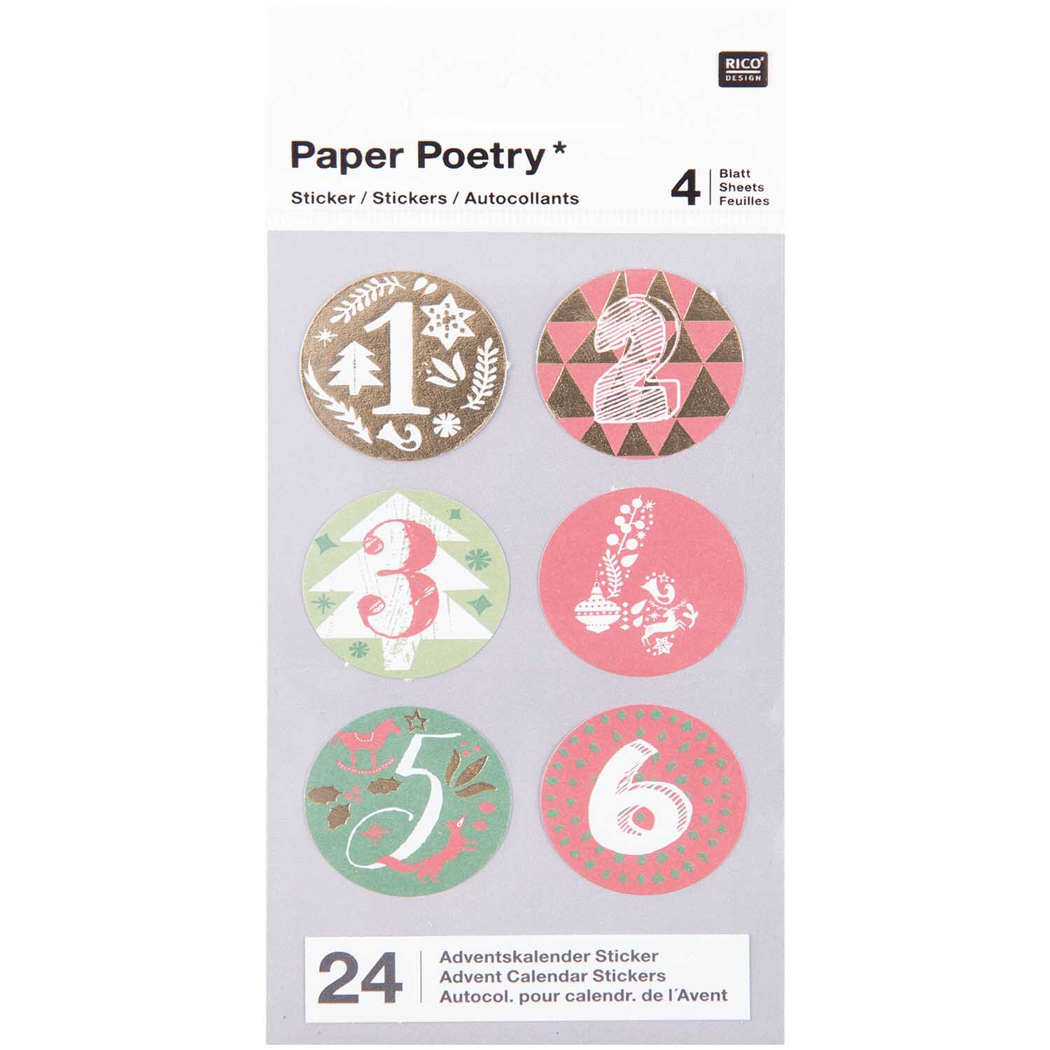 Paper Poetry Adventskalender Sticker mit Zahlen und weihnachtlichen Motiven in Rot und Grün. Ideal für kreative Adventskalender-Gestaltung.