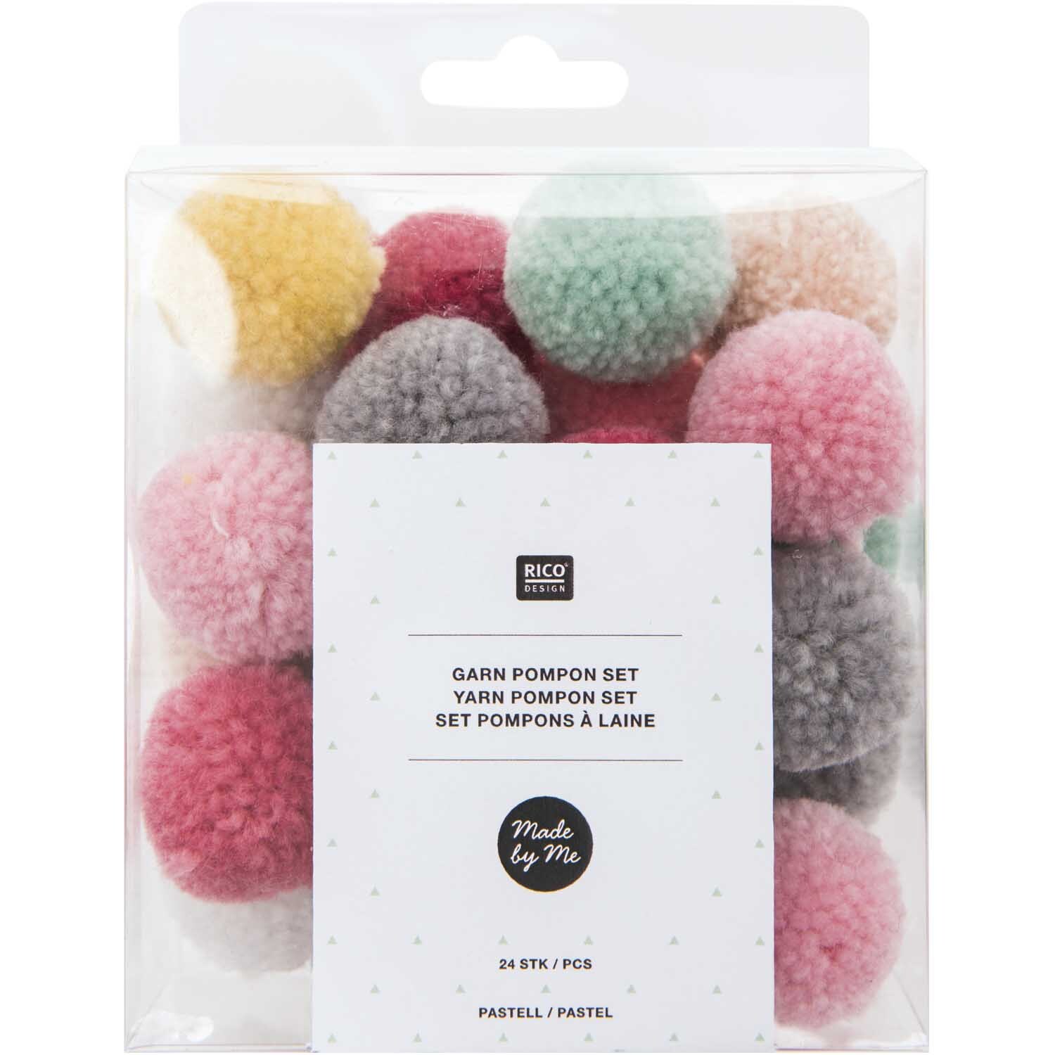 Garn Pompons 24 Stück Farbe Pastell Mix von Rico Design Garn Pompons 24 Stück in Pastell Mix von Rico Design, in einer transparenten Verpackung.