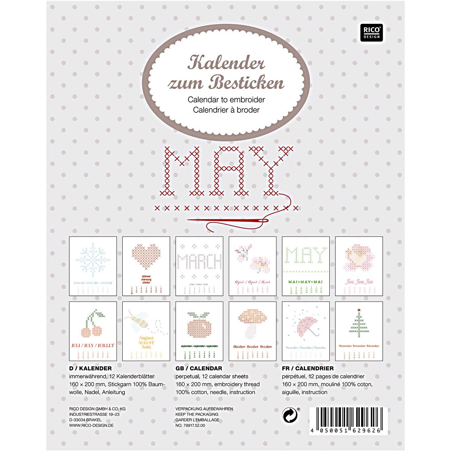 Kalender zum Besticken immerwährend 16x20cm, Rico Design. Zeigt Monatsmotive in zarten Pastelltönen auf gepunktetem Hintergrund.