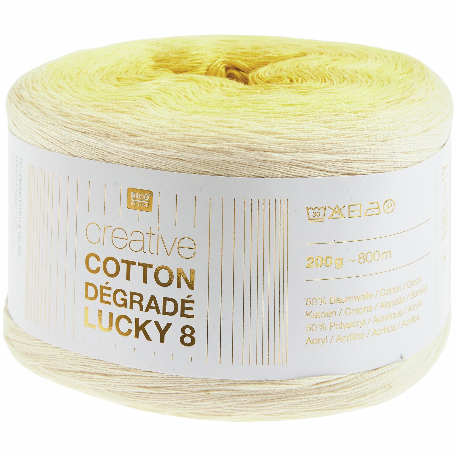 Creative Cotton Dégradé Lucky 8 200g 800m Couleur Citron from Rico Design Creative Cotton Dégradé Lucky 8, gelbes Garn von Rico Design, 200g, 800m, ideal zum Stricken.