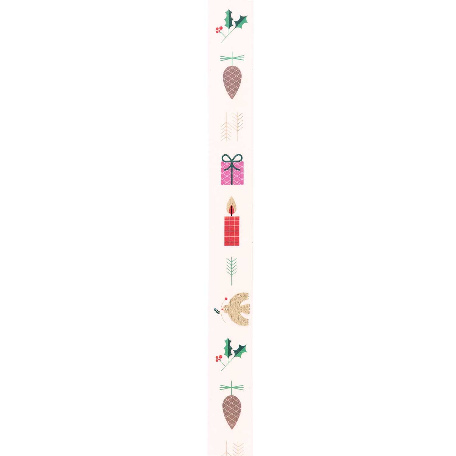 Paper Poetry Tape Weihnachtsmotive weiß 1,5cm 10m von Rico Design Paper Poetry Tape mit Weihnachtsmotiven, 1,5 cm breit, 10 m lang. Dekoriert mit Kerzen, Geschenken und Tannenzapfen. Marke: Rico Design.