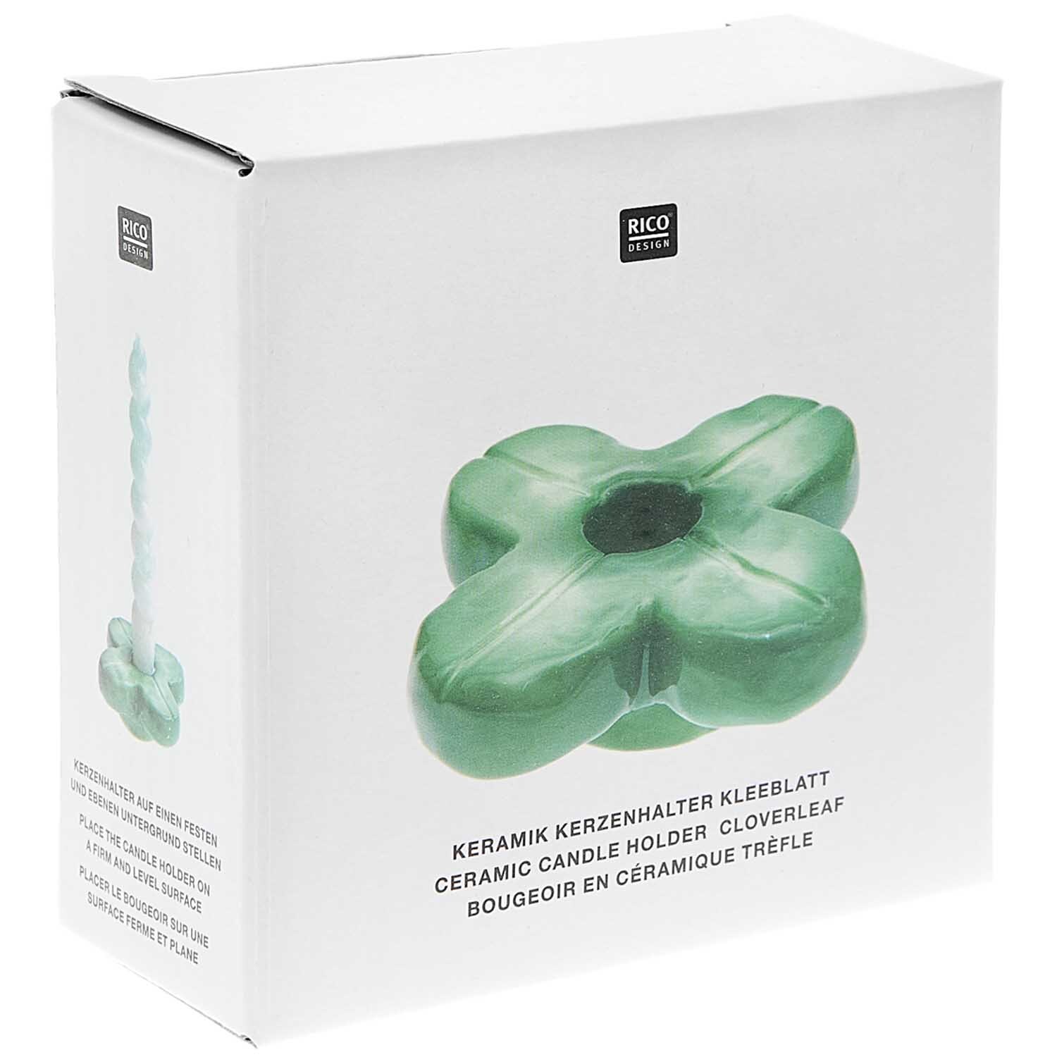 Keramik Kerzenhalter Kleeblatt in Grün von Rico Design, präsentiert in einer weißen Verpackung.