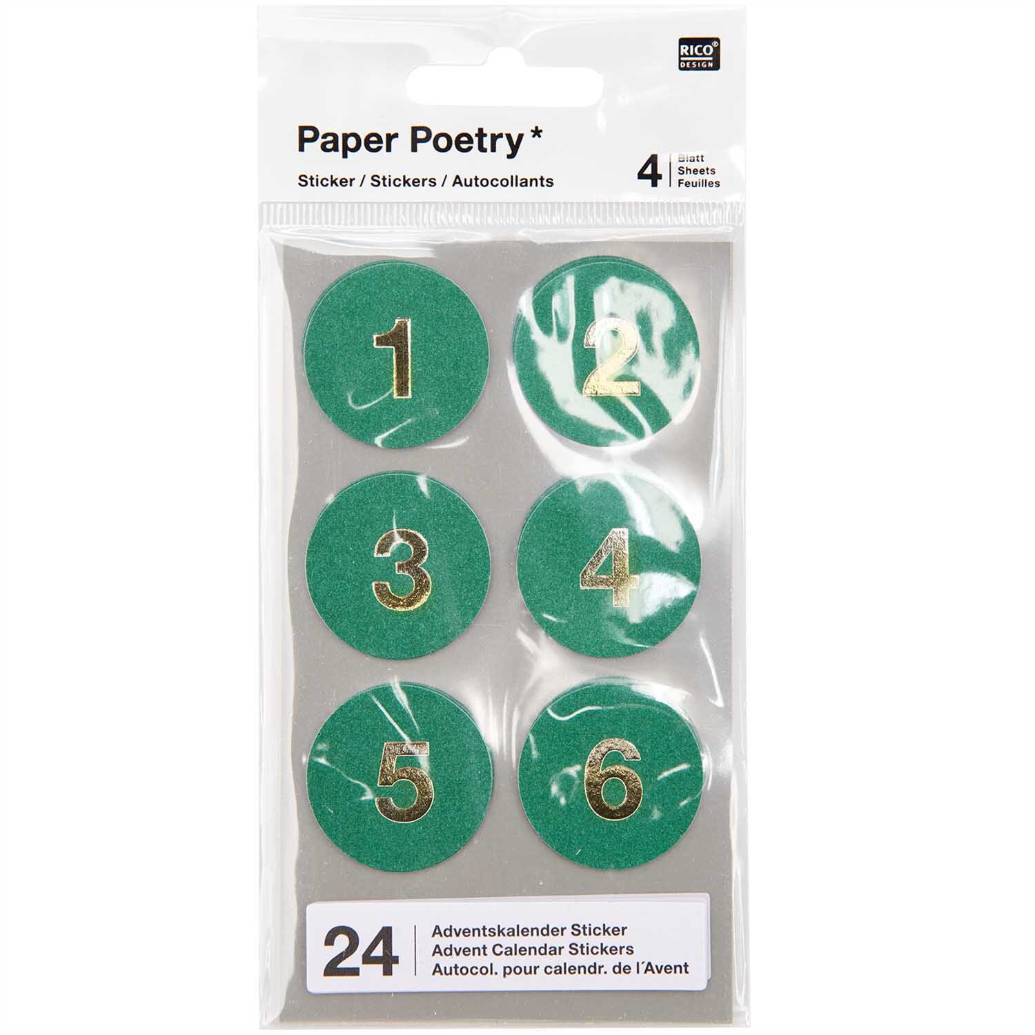 Paper Poetry Adventskalender Sticker Zahlen 1-24 in Grün, ideal für kreative Weihnachtsdekorationen. Enthält Sticker mit goldenen Zahlen.