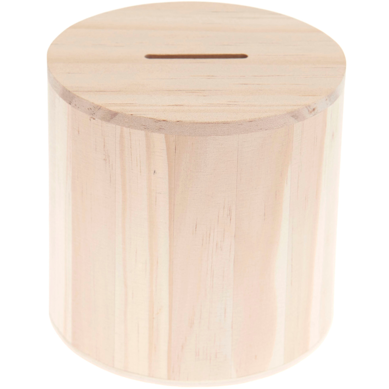 Spardose rund aus hellem Holz, Ø10x10x10cm, mit Schlitz oben. Ideal für Münzen.