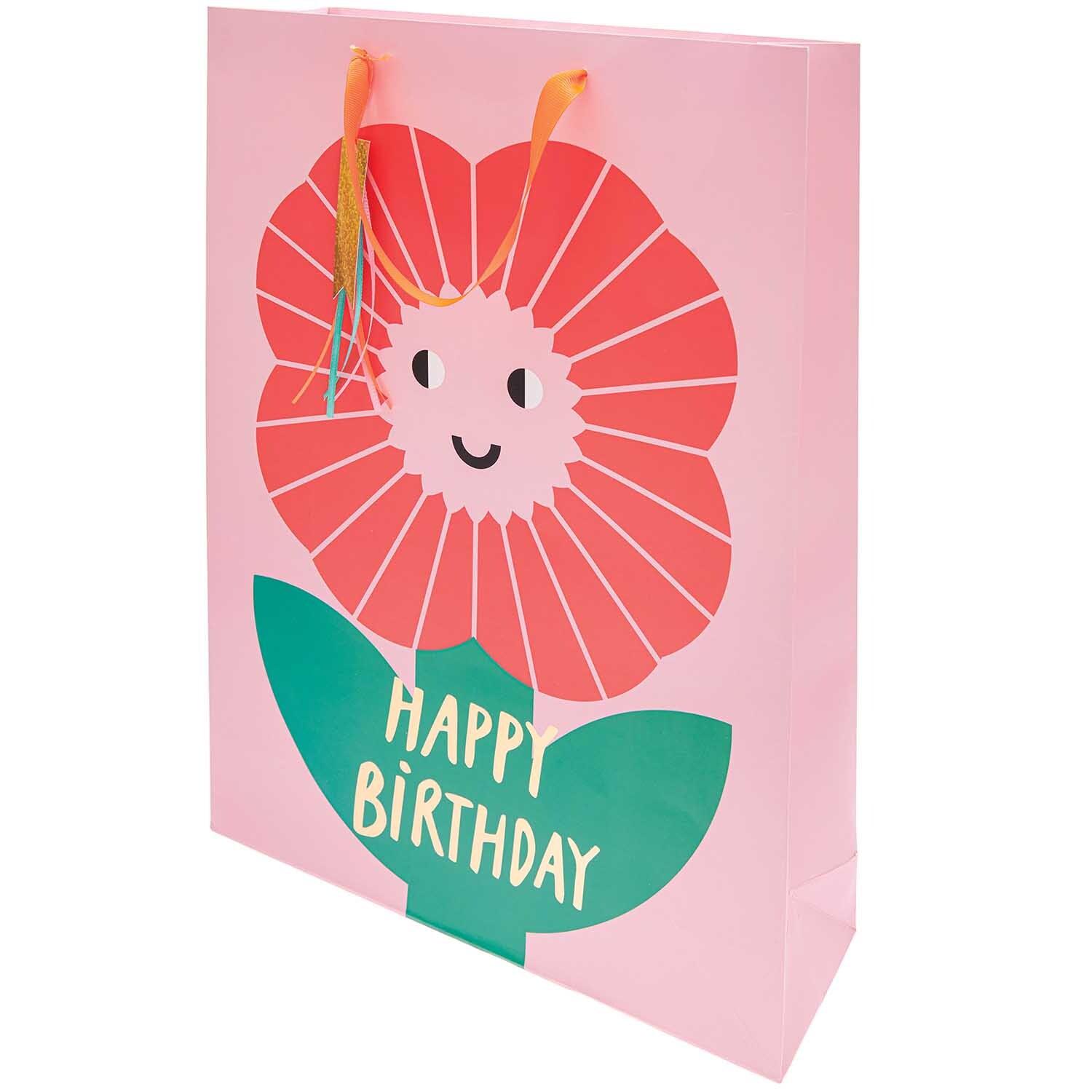 Paper Poetry Geschenktüte XL mit fröhlicher Blume und "Happy Birthday"-Aufschrift, ideal für Geschenke.