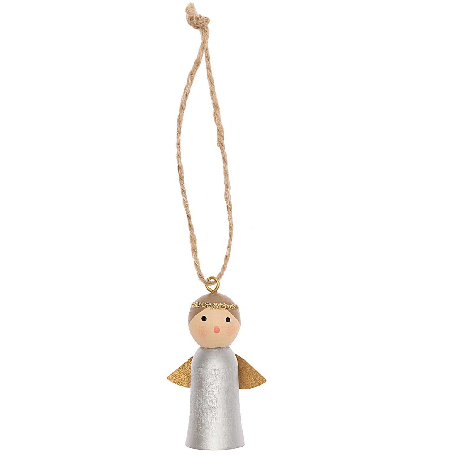 Holzhänger Engel silber 5cm von Rico Design: Ein silberner Engel mit goldenen Flügeln und Aufhängeschnur. Ideal als festliche Dekoration.