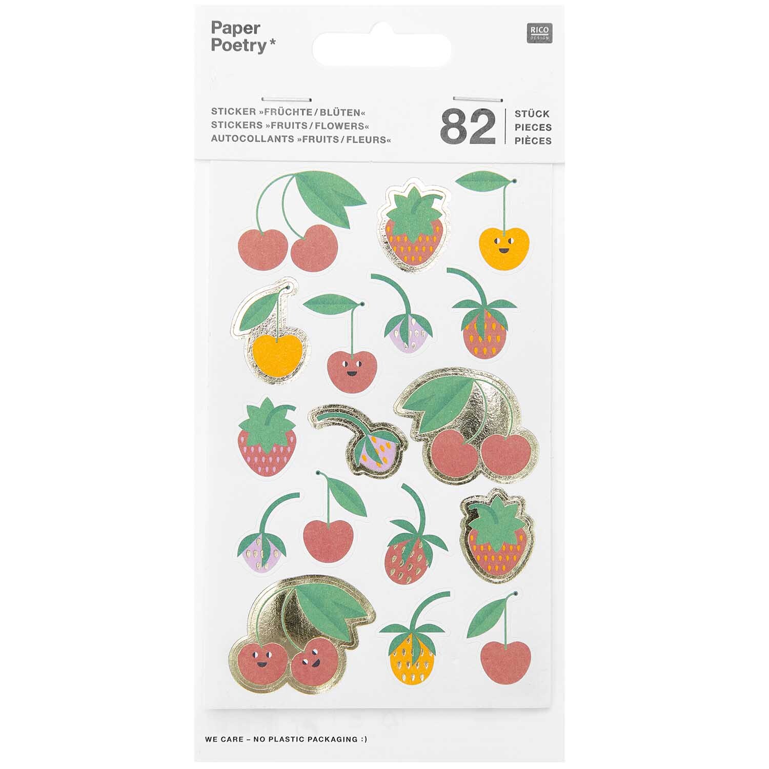 Paper Poetry Sticker Früchte & Blüten: Bunte Sticker mit Früchten und Blüten von Rico Design auf weißem Hintergrund.