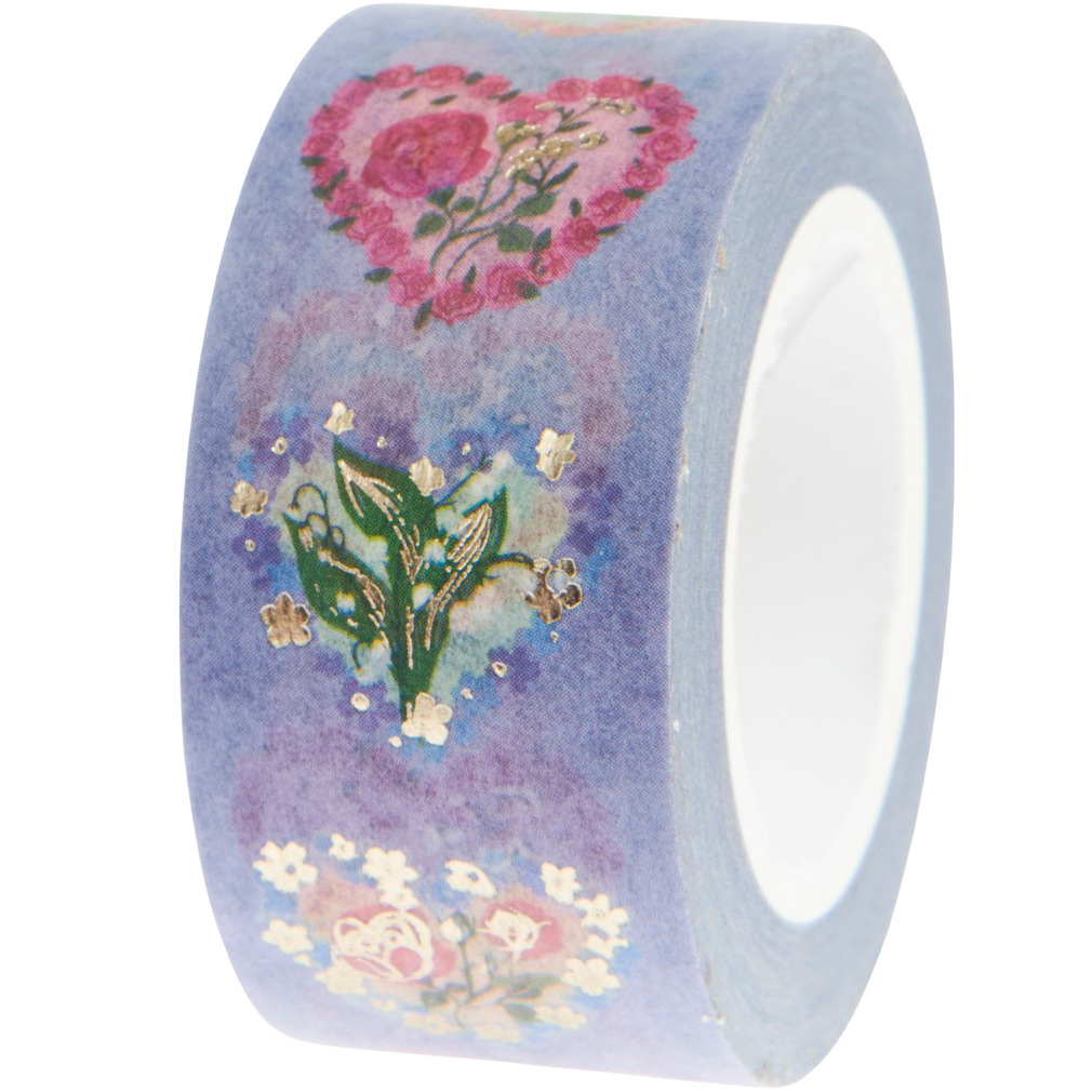 Paper Poetry Tape Herzen mit floralen Mustern auf lila Hintergrund, 1,5cm breit, 10m lang.