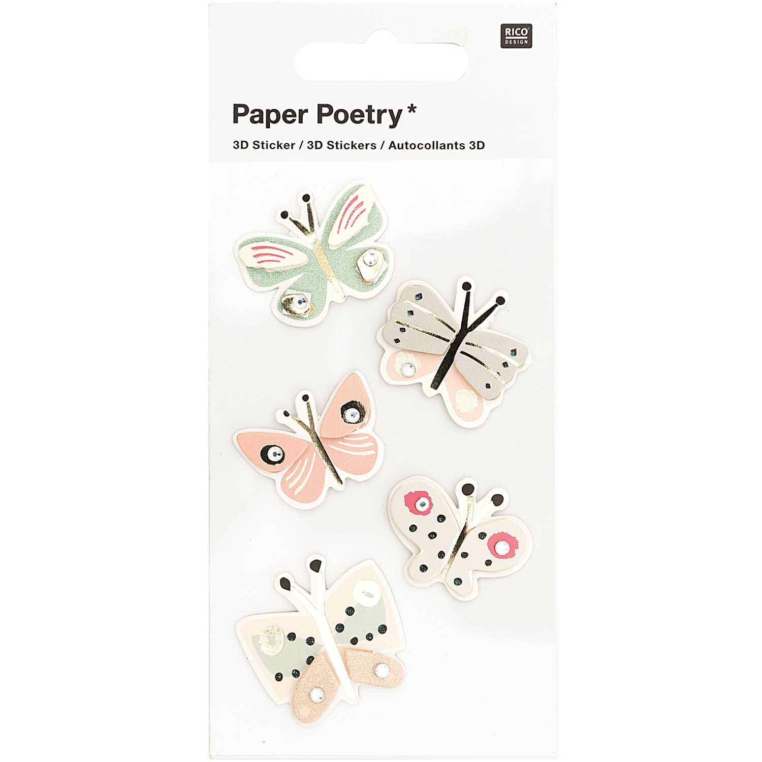 Paper Poetry 3D-Sticker zeigen fünf bunte Schmetterlinge von Rico Design auf weißem Hintergrund.