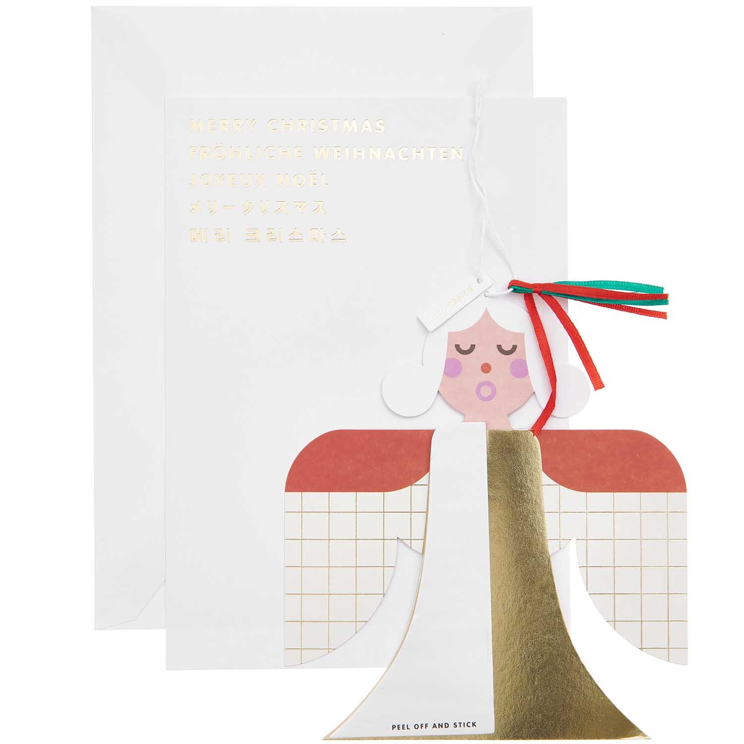 Paper Poetry Kartenset mit Pop-Up Anhänger Engel A5 zeigt einen Engel mit goldenen Details und roten Akzenten, ideal für festliche Grüße.