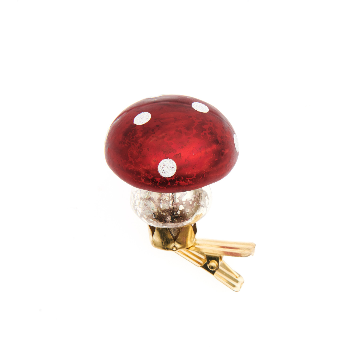 Glas-Clip Fliegenpilz rund Antik: Roter Pilz mit weißen Punkten, Clip in Gold, 4x4x6cm.