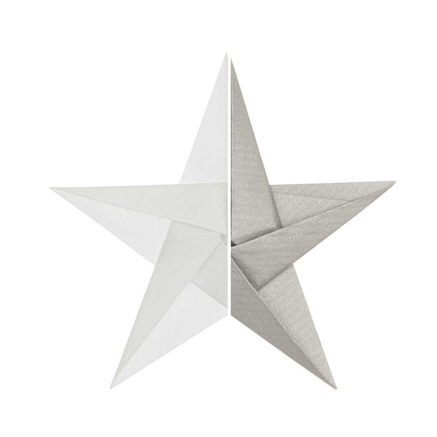Paper Poetry Bascetta Origamipapiere zeigt einen kunstvoll gefalteten Stern in Weiß und Silber. Ideal für kreative Bastelprojekte.
