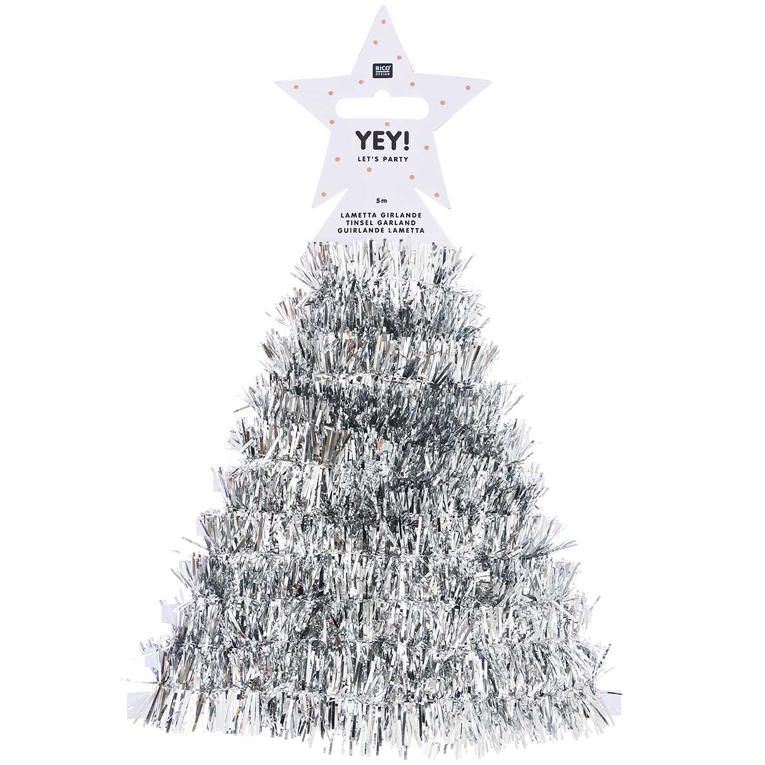 Girlande Lametta 5m in funkelndem Silber von Rico Design, geformt wie ein Weihnachtsbaum. Ideal für festliche Dekorationen.