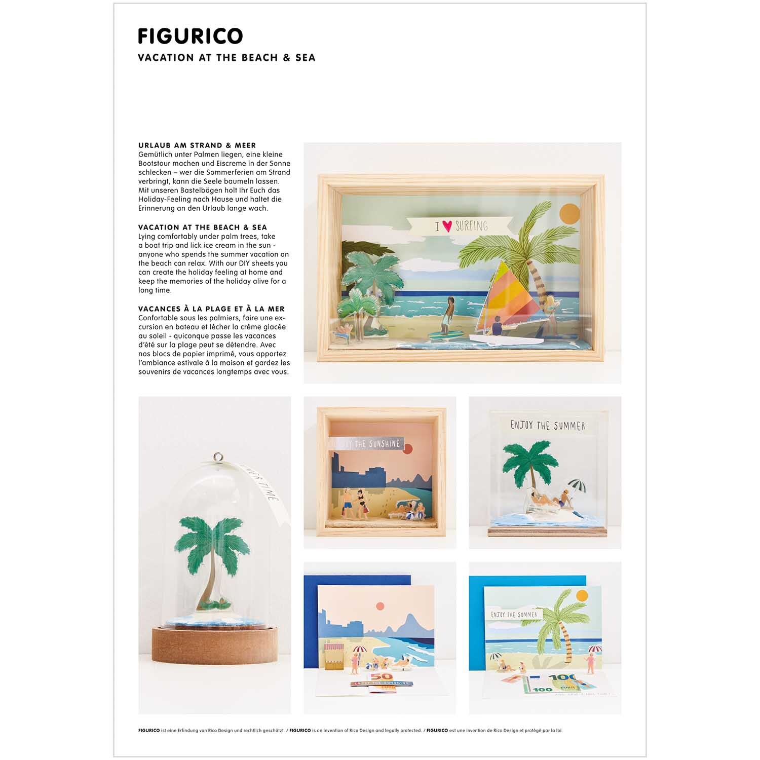 Figurico Papierkulissen Block DIN A4 10 Blatt von Rico Design Figurico Papierkulissen Block zeigt bunte Strand- und Meerszenen in kreativen Dioramen. Ideal für Bastelprojekte.