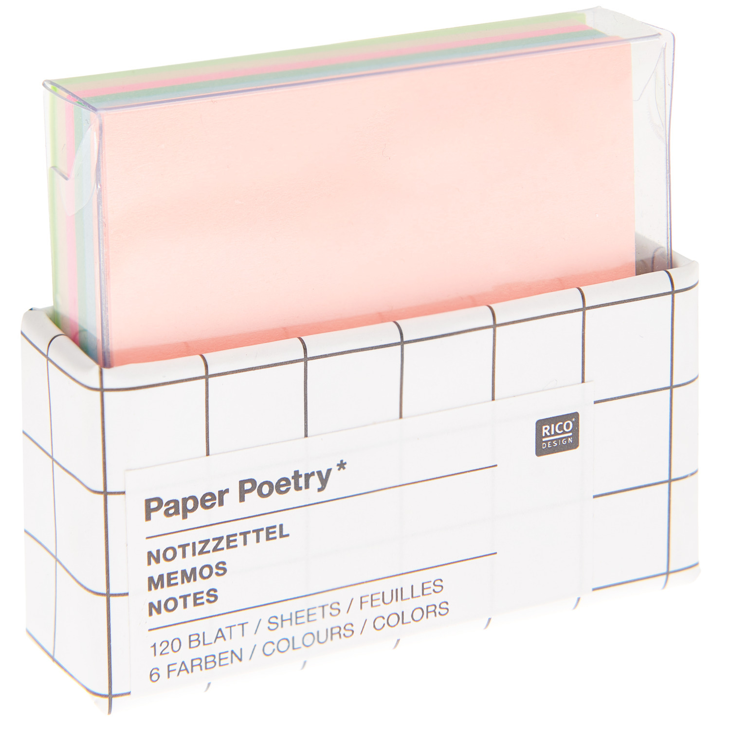 Mini-Notizzettel Multicolor von Rico Design in einer transparenten Box, 5x5cm, 120 Blatt.
