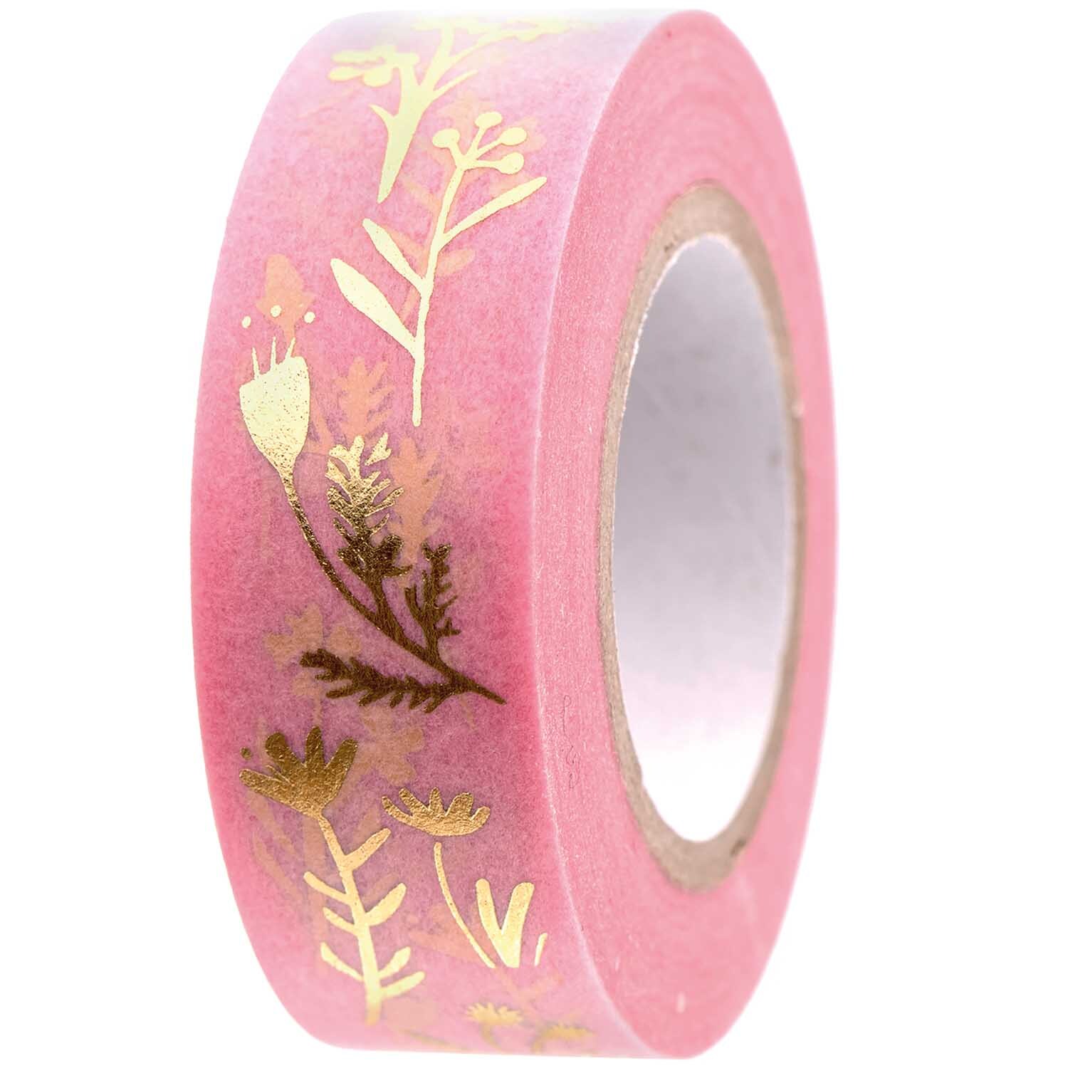 Paper Poetry Tape Bunny Hop mit goldenen Streublumen auf rosa Hintergrund, 1,5 cm breit, 10 m lang. Ideal für kreative Bastelprojekte.