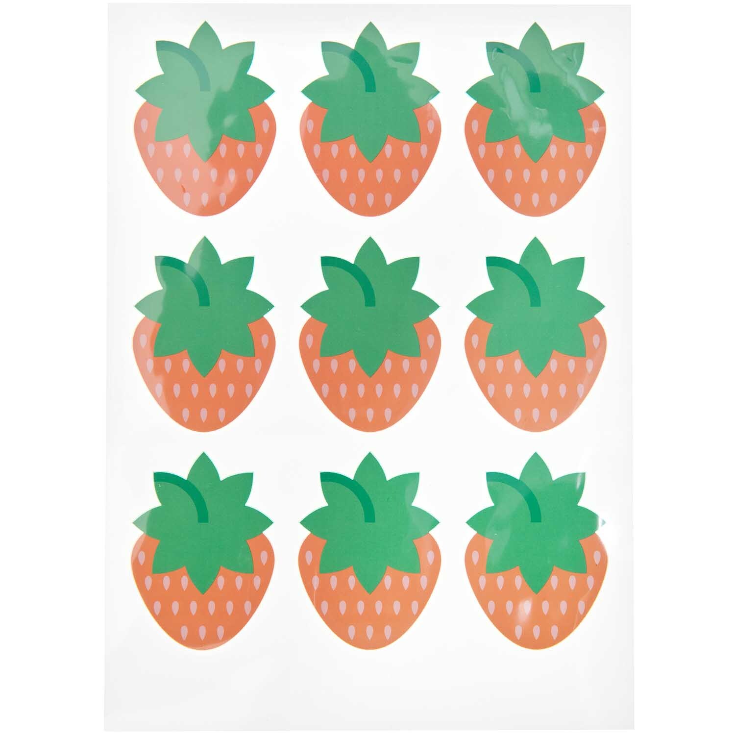 Bügelmotiv Erdbeeren 9 Stück: Neun rote Erdbeeren mit grünen Blättern von Rico Design auf weißem Hintergrund.