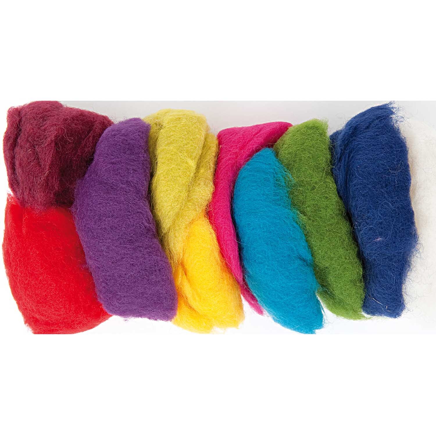 Schafwolle Mix mehrfarbig 100g von Rico Design: Bunte Wollfasern in Rot, Lila, Gelb, Blau und Grün. Ideal für kreative Projekte.