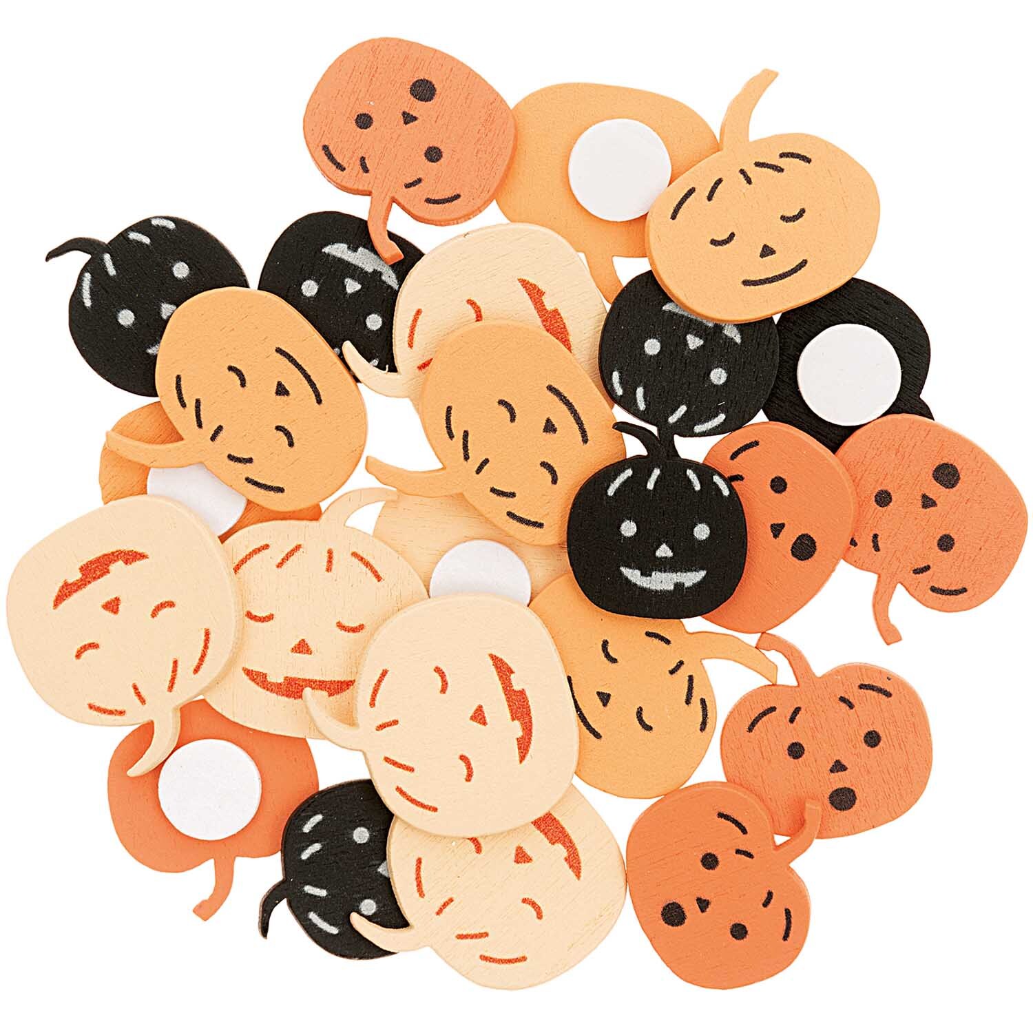Holzsticker Kürbis Mix: Verschiedene Kürbisgesichter in Orange und Schwarz von Rico Design, ideal für Dekorationen.