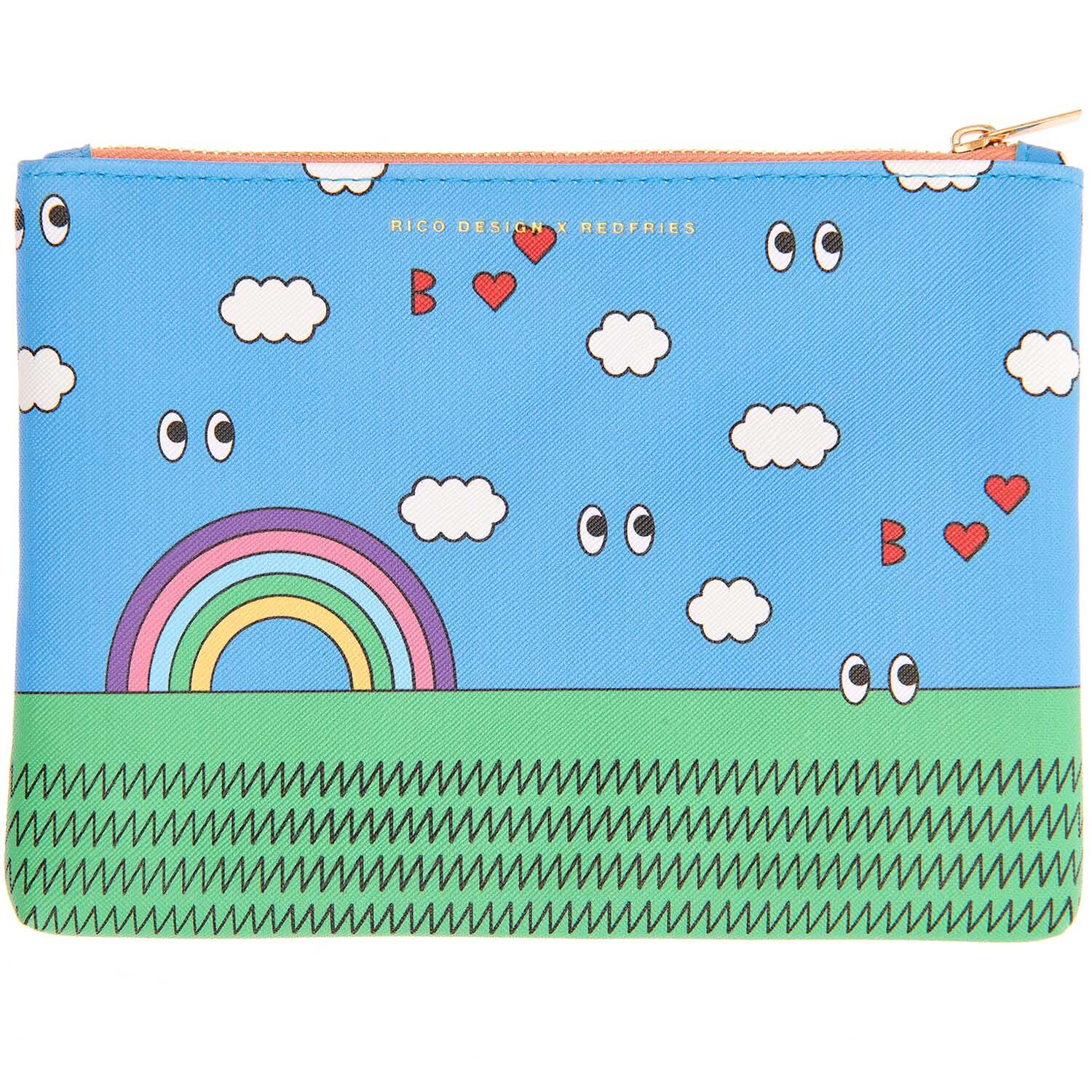 Rico Design x Redfries Etui Regenbogen 20x15cm mit buntem Regenbogen, Wolken und Augen auf blauem Hintergrund. Ideal für kreative Aufbewahrung.