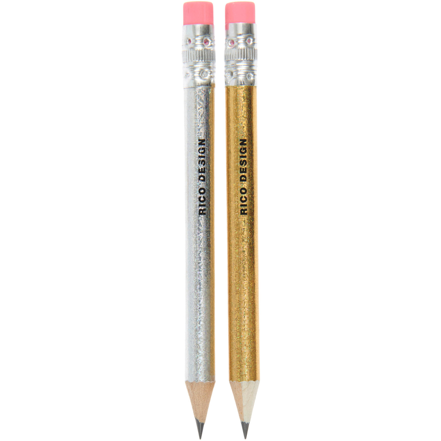 Mini Bleistiftset Gold/Silber von Rico Design, bestehend aus zwei glänzenden Bleistiften mit Radiergummi.