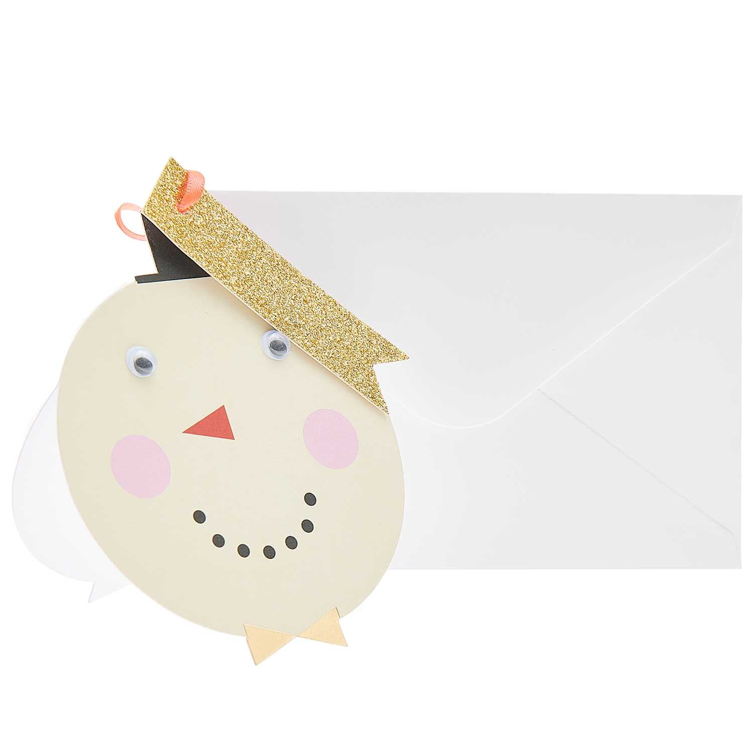 Paper Poetry Kärtchen mit Wackelaugen Schneemann, gestaltet von Rico Design, zeigt einen fröhlichen Schneemann mit Glitzerhut und Umschlag.