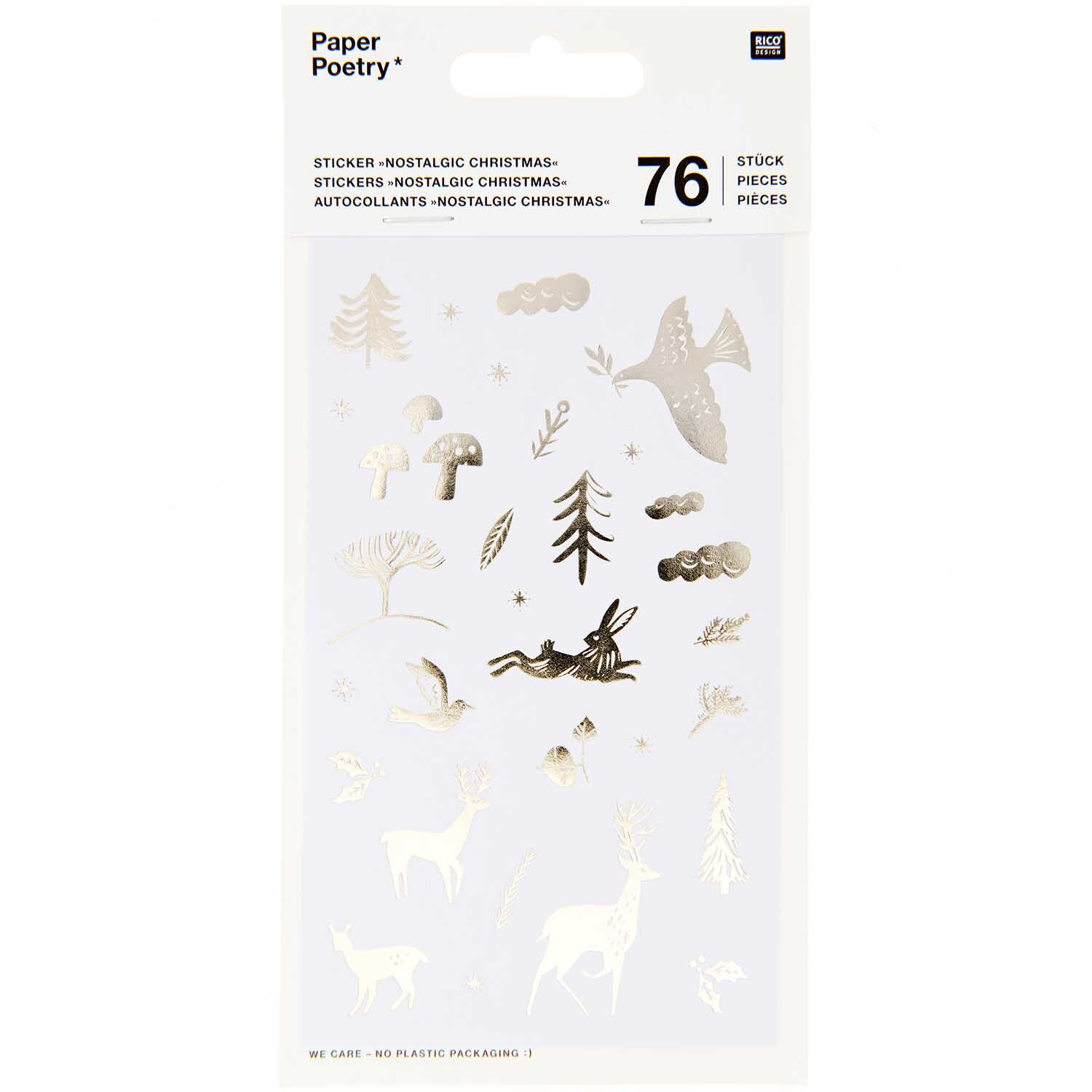 Paper Poetry Sticker Nostalgic Christmas: Mehrfarbige Weihnachtsmotive wie Rehe und Bäume auf weißem Hintergrund, 76 Stück von Rico Design.