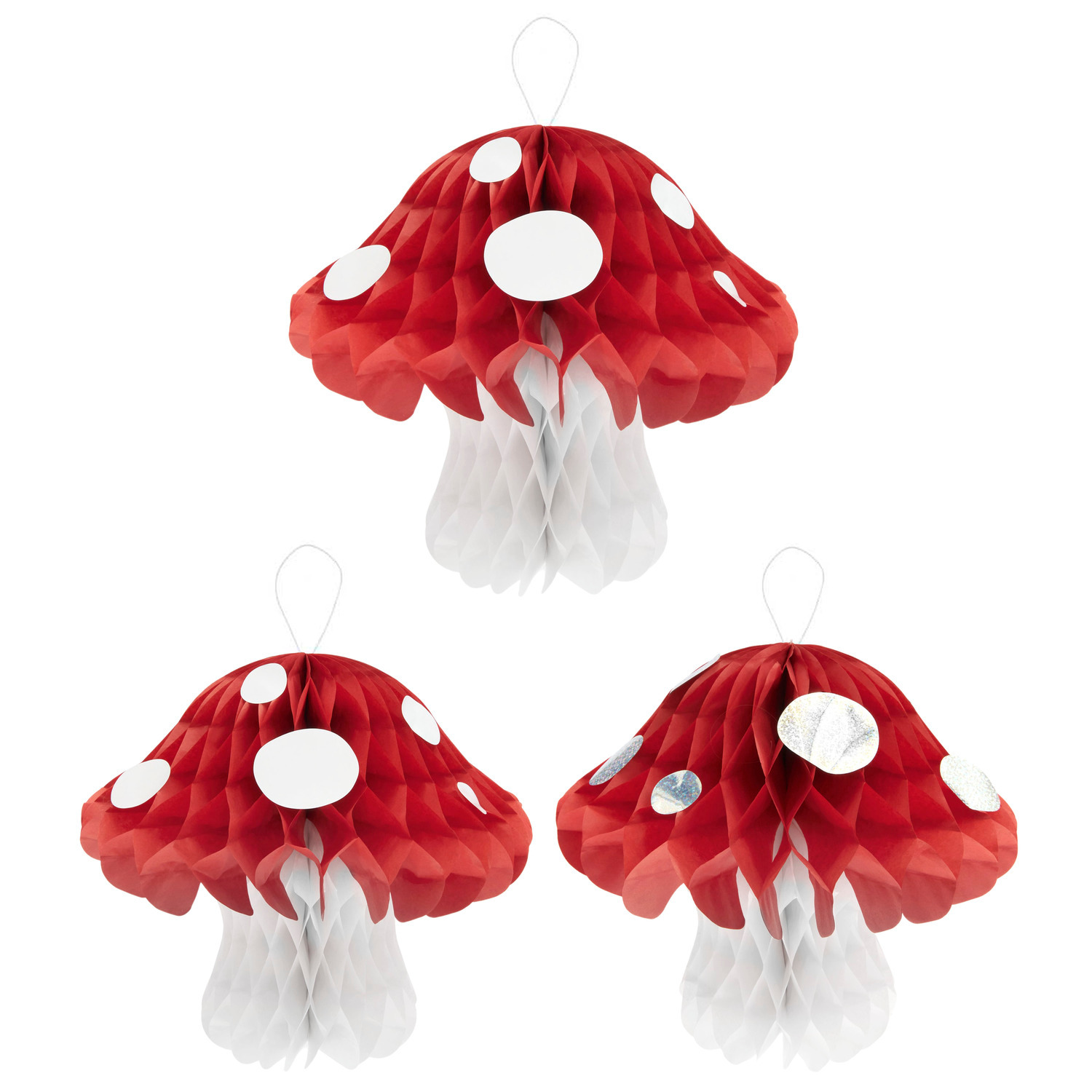 Wabenpapier Fliegenpilz: Drei dekorative, rot-weiße Pilze aus Papier von Rico Design, ideal für festliche Anlässe.
