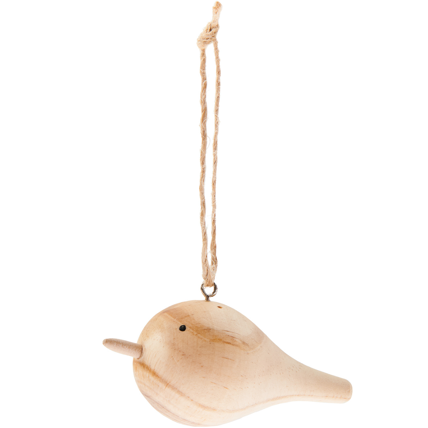 Holzhänger Vogel aus hellem Holz, minimalistisch gestaltet, mit Juteschnur zum Aufhängen. Ideal für Dekorationen. Maße: 8,5x3,6x3,6cm.