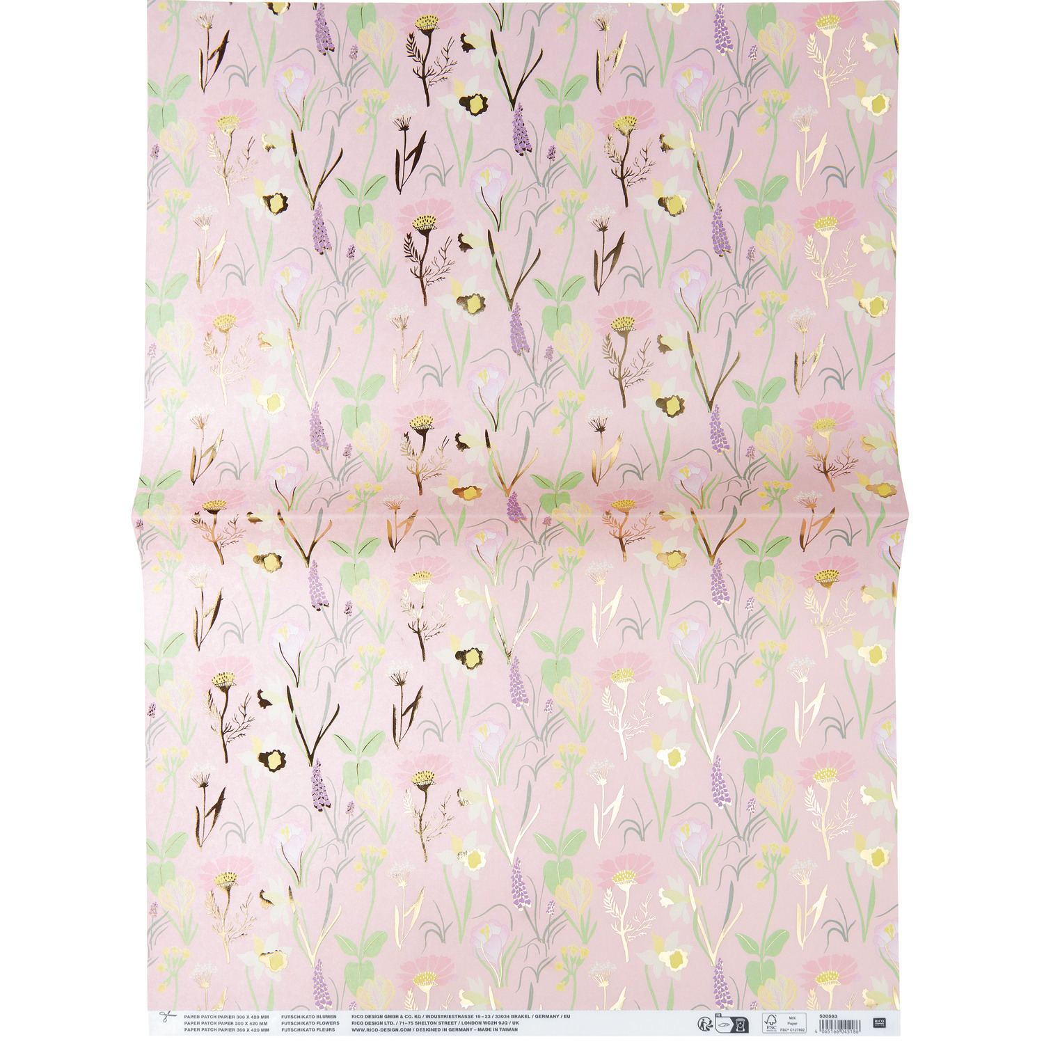 Paper Patch Papier Blumen mit zarten Blumenmotiven auf rosa Hintergrund, 30x42cm, von Rico Design.