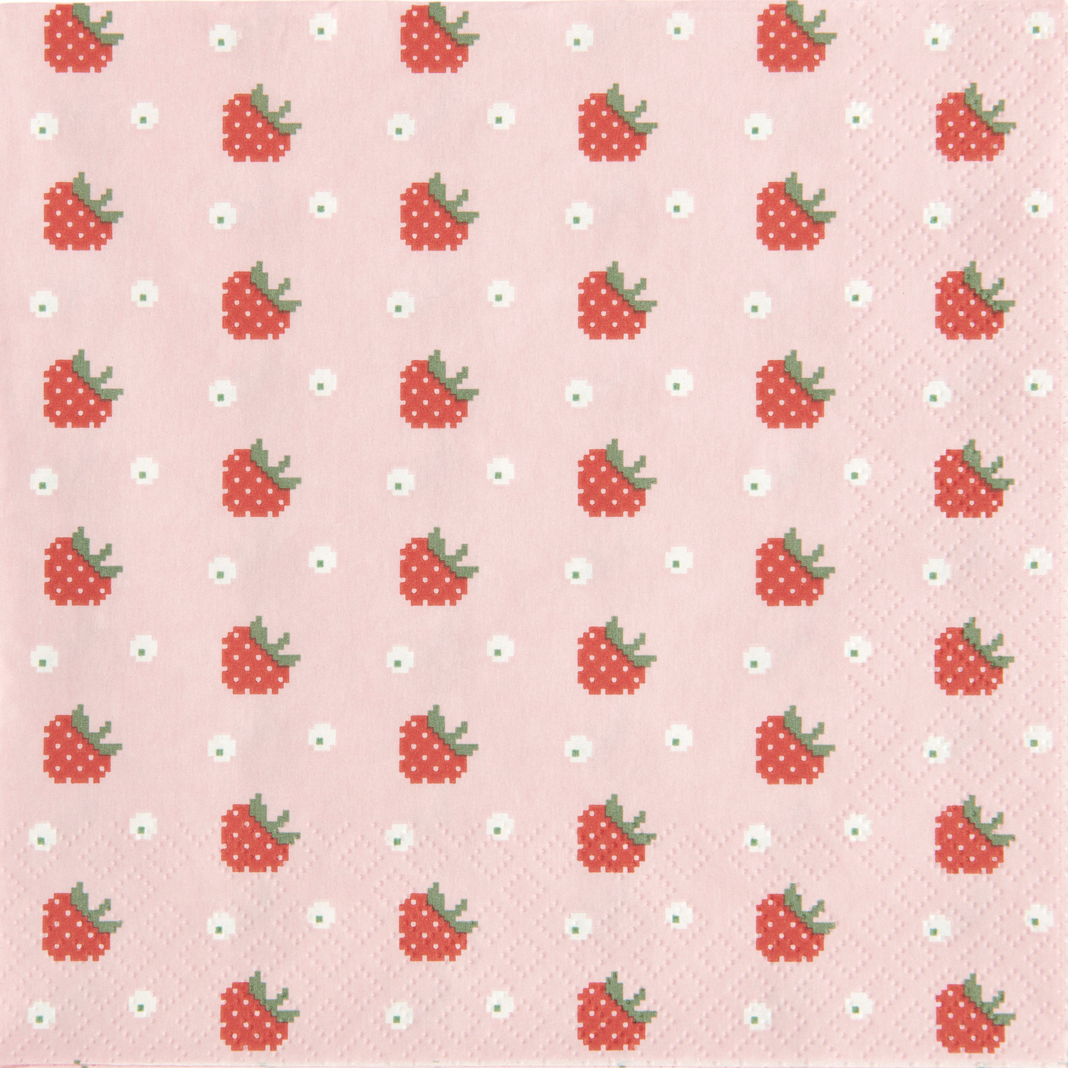 Servietten Erdbeeren, Rico Design: Rosa Servietten mit roten Erdbeeren, 30x33cm, 20 Stück.