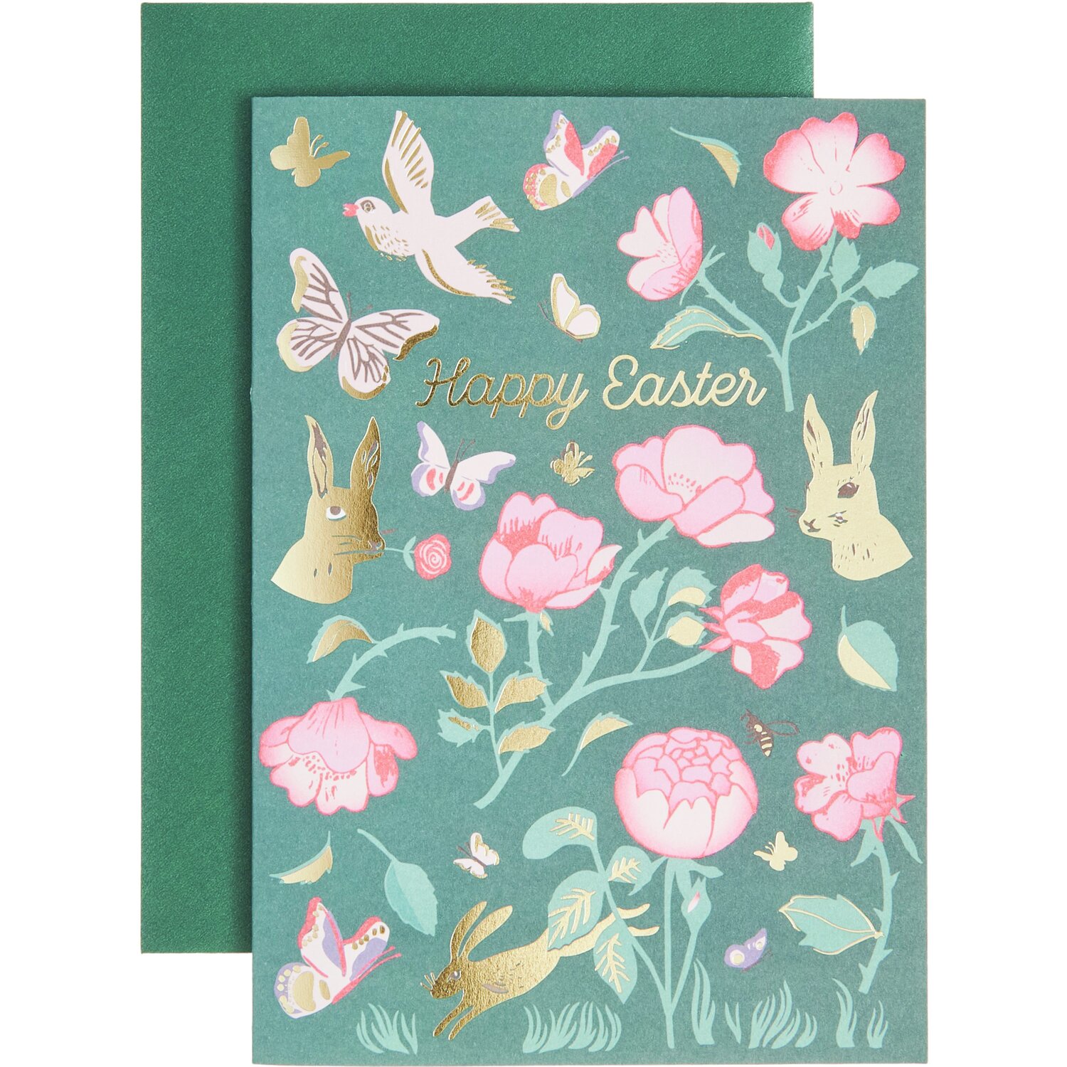 Paper Poetry Grußkarte La Vie en Rose Happy Easter mit floralen Motiven und goldenen Akzenten auf grünem Hintergrund, Format B6.