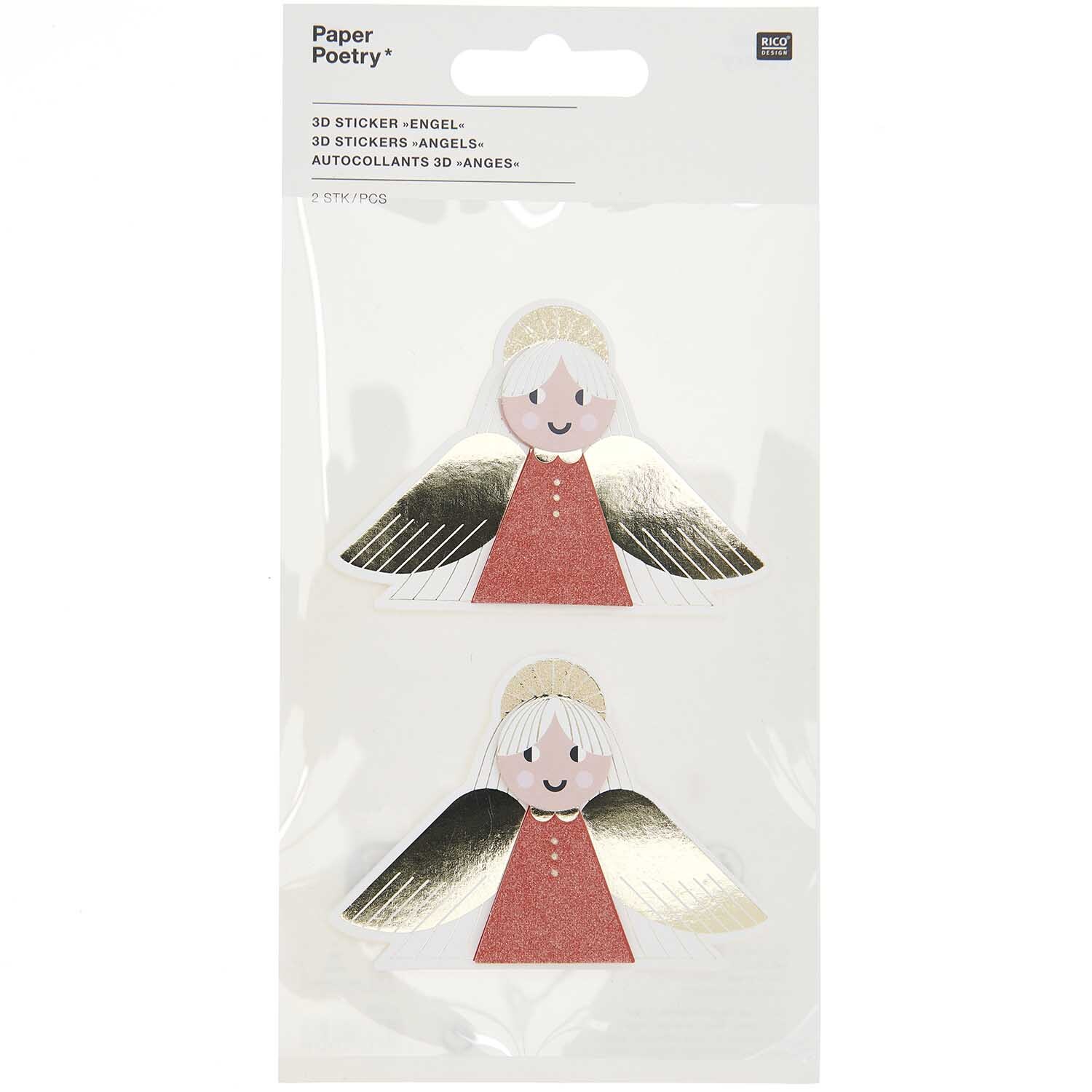 Paper Poetry 3D Sticker Engel auf einem Blatt, mit goldenen Flügeln und rotem Kleid von Rico Design.