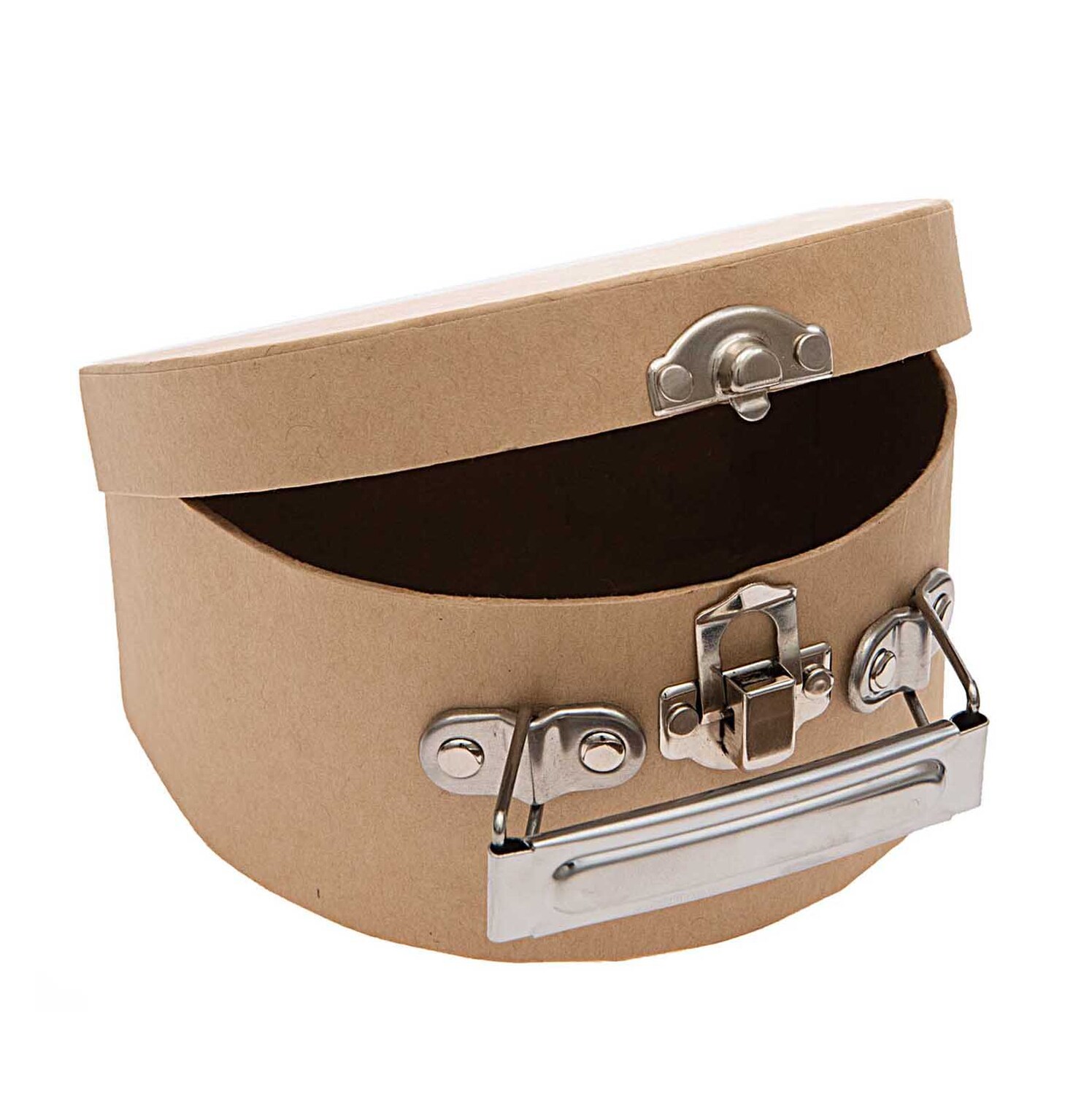 Koffer aus Pappe halbrund natur von Rico Design, geöffnet mit Metallverschlüssen, ideal für kreative Aufbewahrungslösungen.