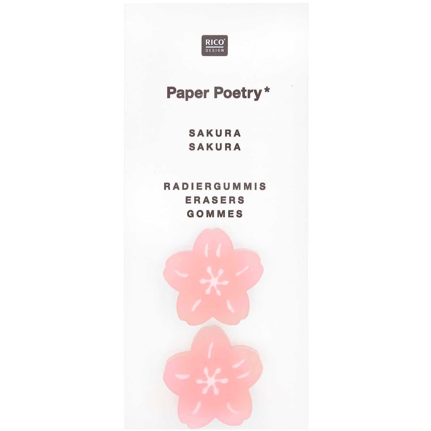 Paper Poetry Radiergummis Kirschblüte 2 Stück 25x7mm Farbe Rosa von Rico Design Paper Poetry Radiergummis in Kirschblütenform, rosa, von Rico Design, auf weißem Hintergrund.