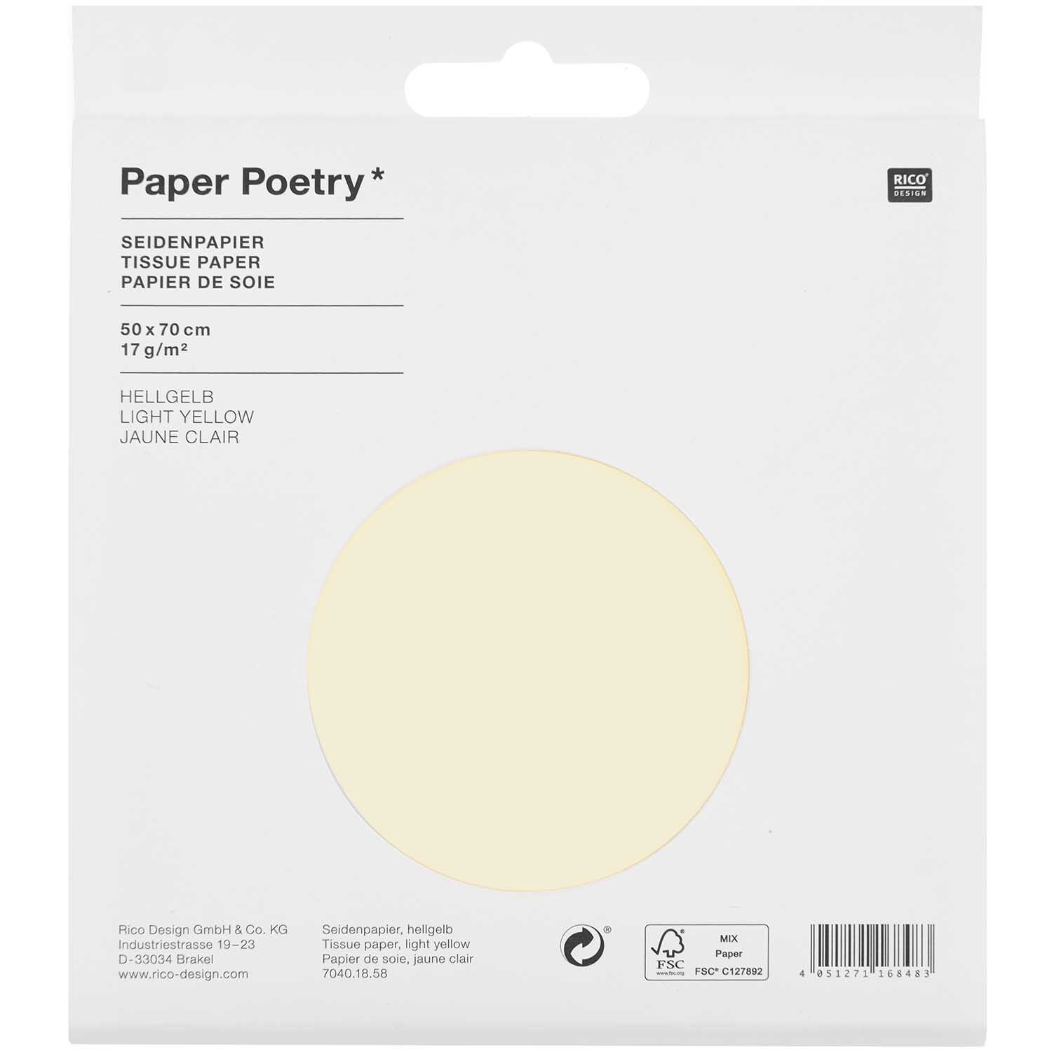 Paper Poetry Seidenpapier 50x70cm 17g/m² 5 Bogen Farbe Hellgelb von Rico Design Paper Poetry Seidenpapier von Rico Design in hellgelb, 50x70cm, 17g/m², 5 Bogen, ideal für kreative Projekte.