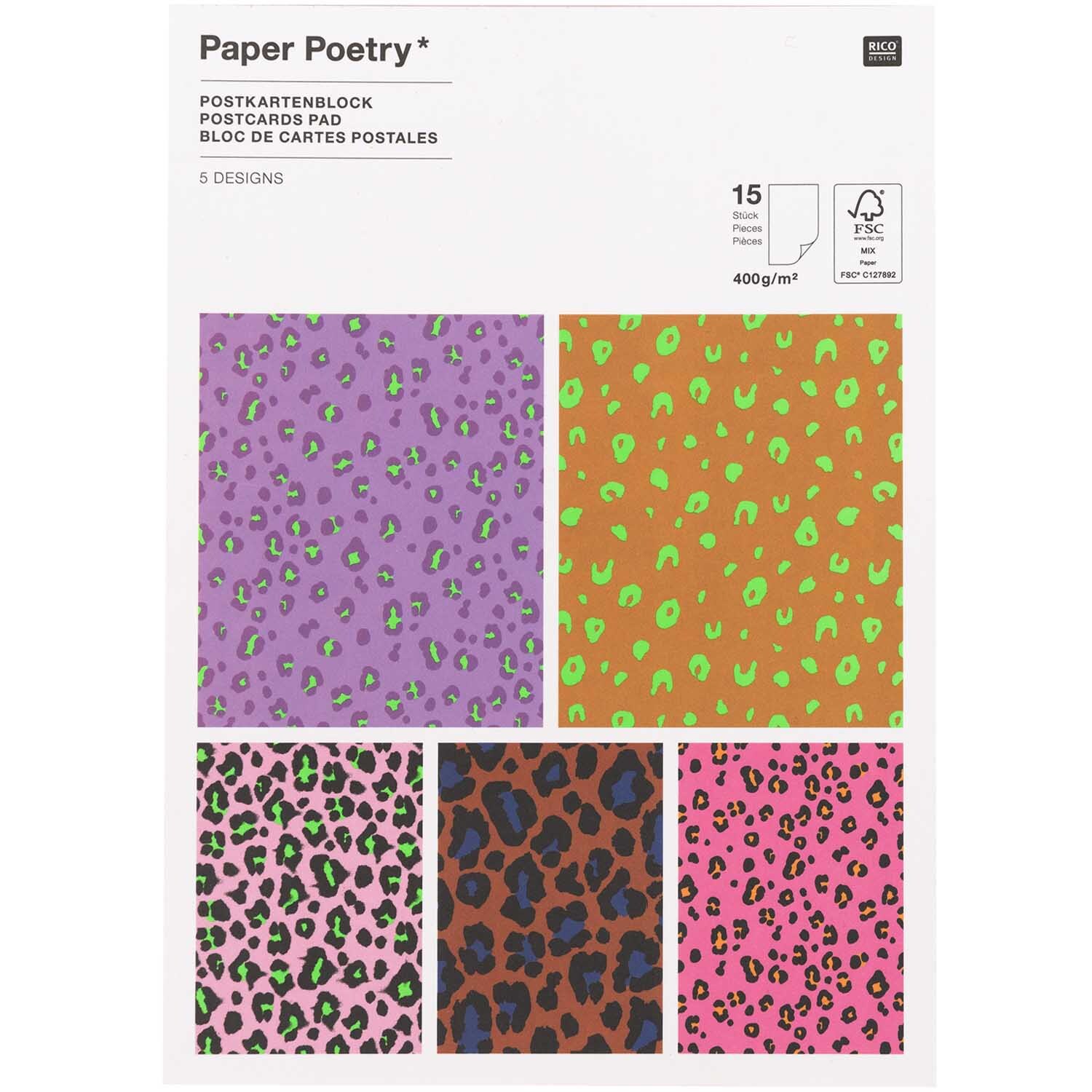 Paper Poetry Postkartenblock Acid Leo mit 15 Karten, bunte Leopardenmuster von Rico Design.