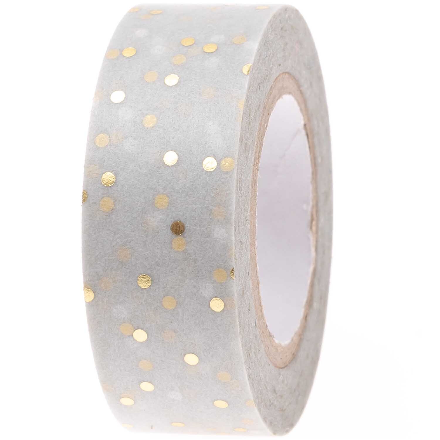 Paper Poetry Tape mit goldenen Punkten auf grauem Hintergrund, 1,5 cm breit, 10 m lang. Ideal für kreative Projekte.
