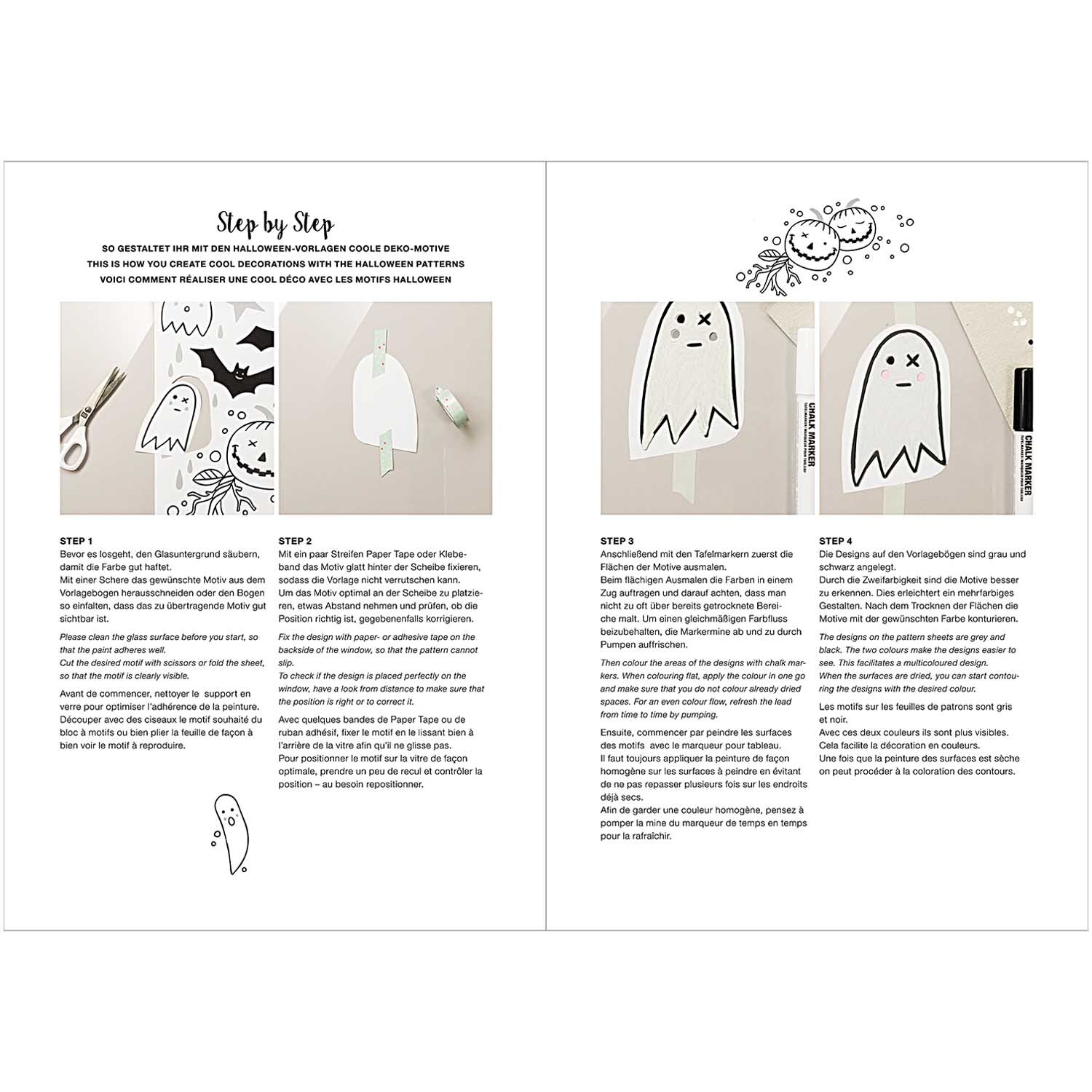Vorlagenmappe Halloween Fenster- und Glasmalerei mit Kreidestiften von Rico Design Vorlagenmappe für Halloween-Fensterbilder mit Kreidestiften von Rico Design. Anleitung zeigt Geistermotive und kreative Gestaltungsschritte.