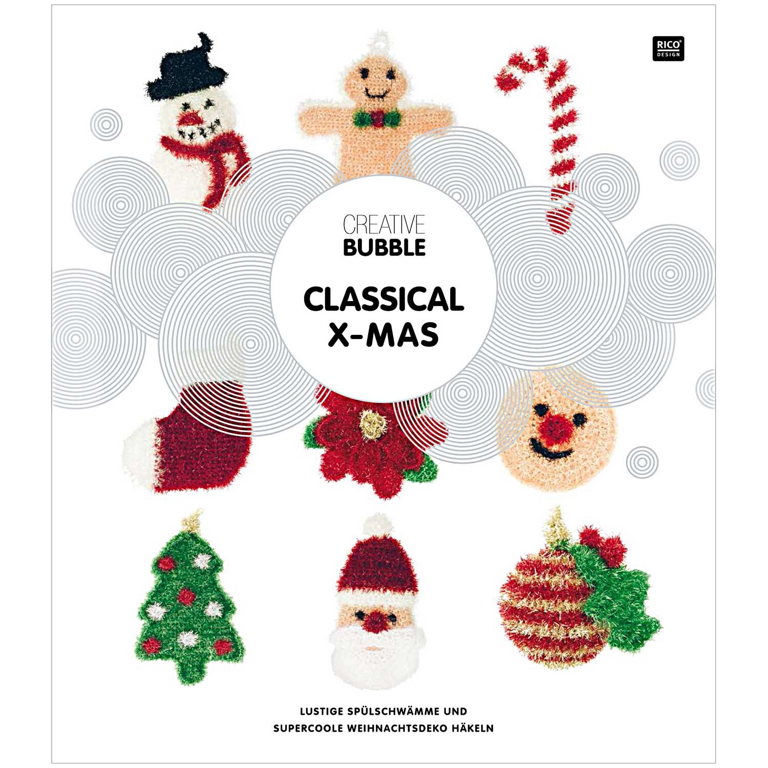 Creative Bubble - Classical X-MAS: Bunte, gehäkelte Weihnachtsdekorationen von Rico Design, darunter Schneemann und Zuckerstange.